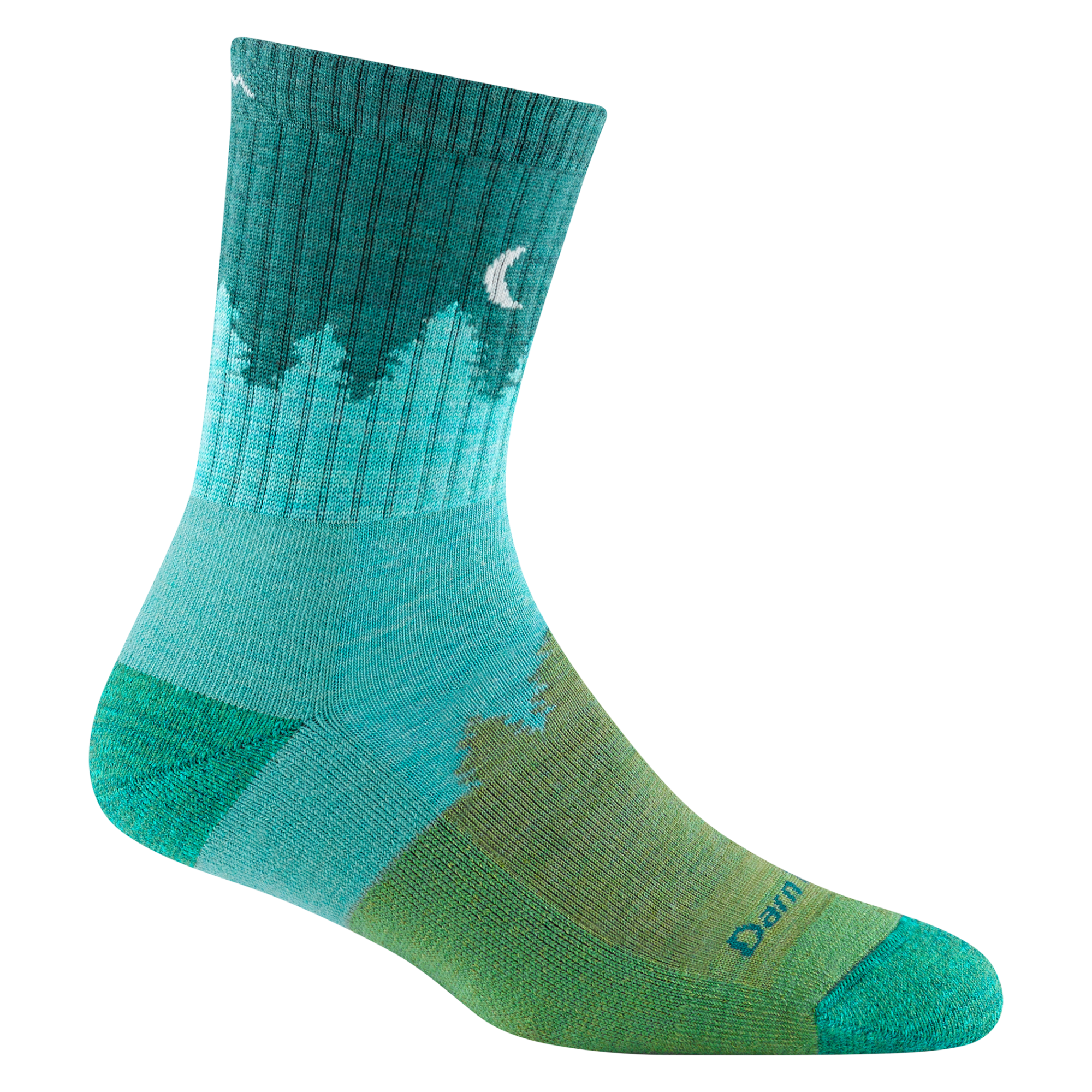 1971 women's treeline micro crew hiking sock in color aqua with teal toe/heel accents and tree silhouette