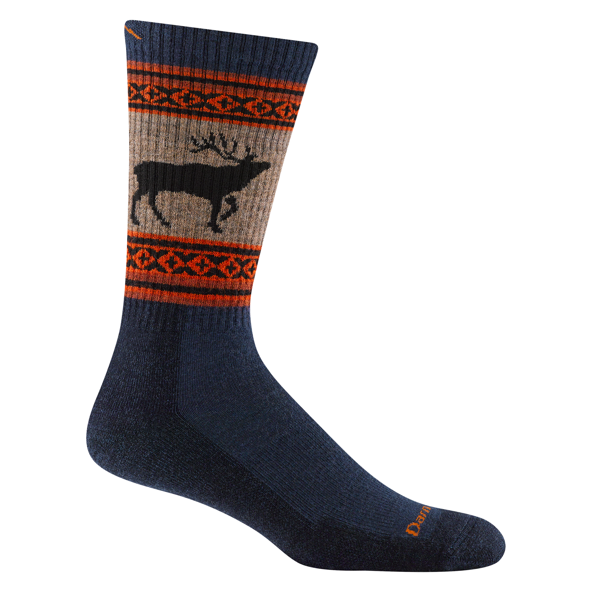 1980 men's vangrizzle boot hiking sock in color eclipse with orange and blue striping around calf and black elk design