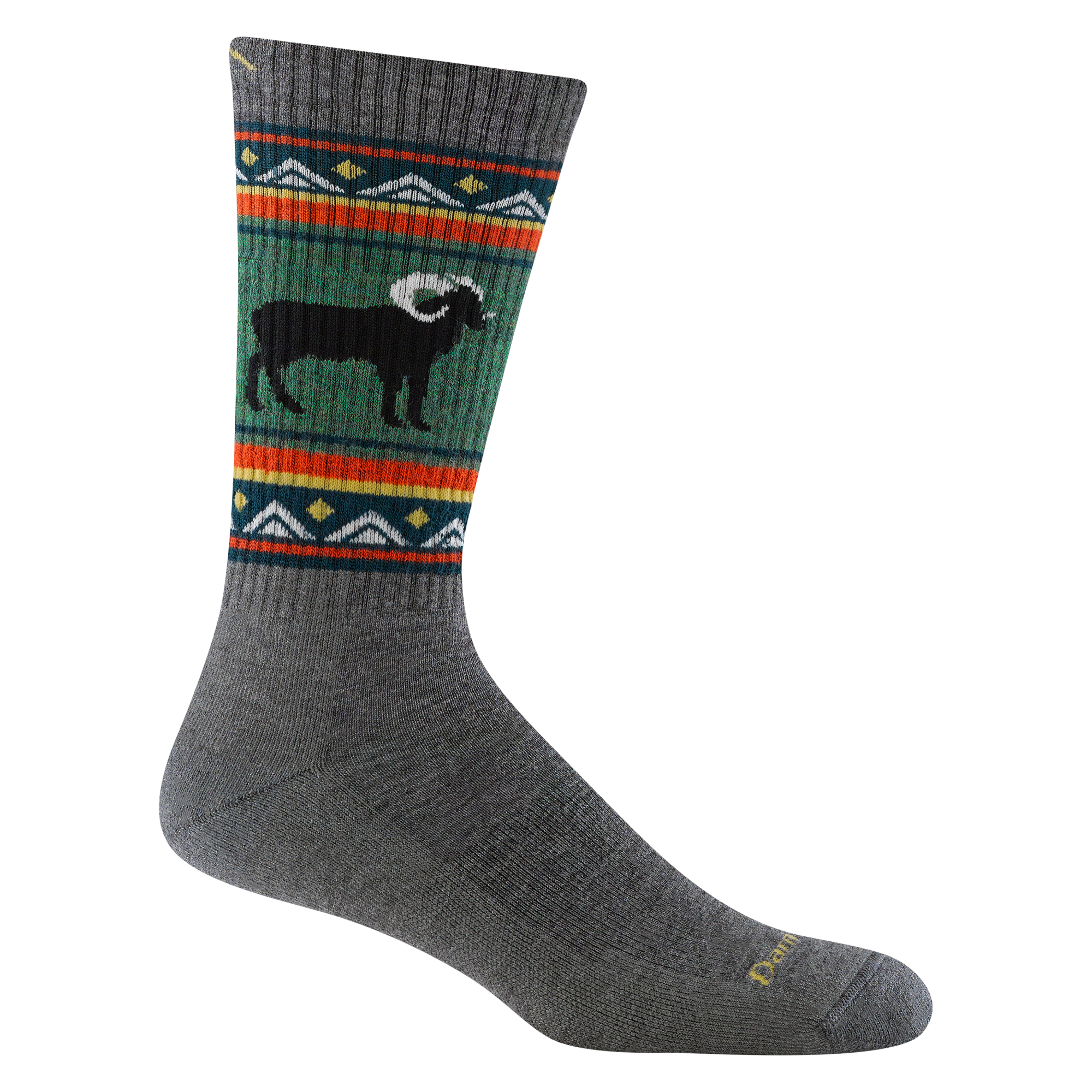 1980 men's vangrizzle boot hiking sock in color gray with green and orange striping around calf and black ram design