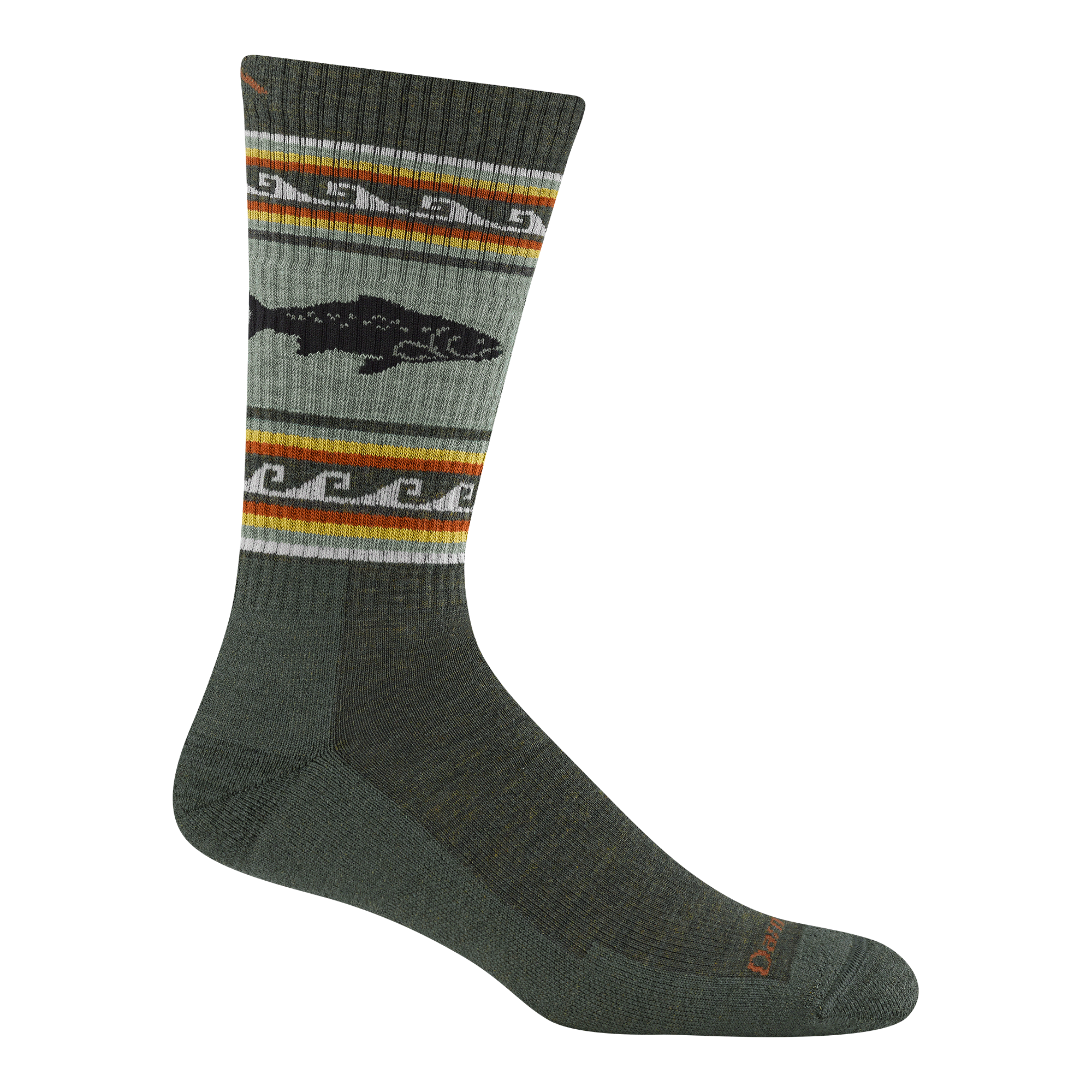 1980 men's vangrizzle boot hiking sock in troutriver green with red, yellow green striping around calf and trout design
