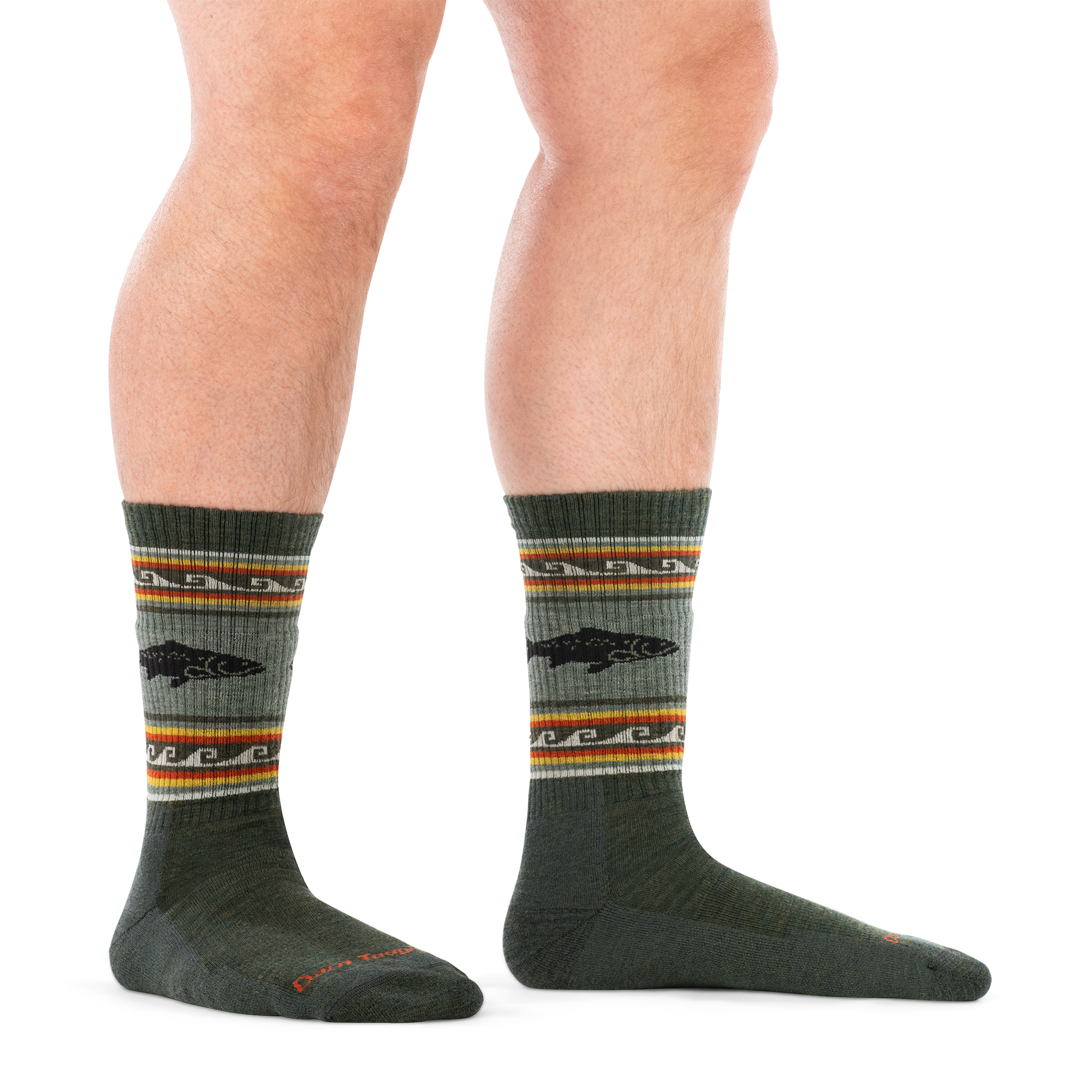 on model image of man in staggered stance barefoot wearing 1980 trout river boot midweight with cushion sock