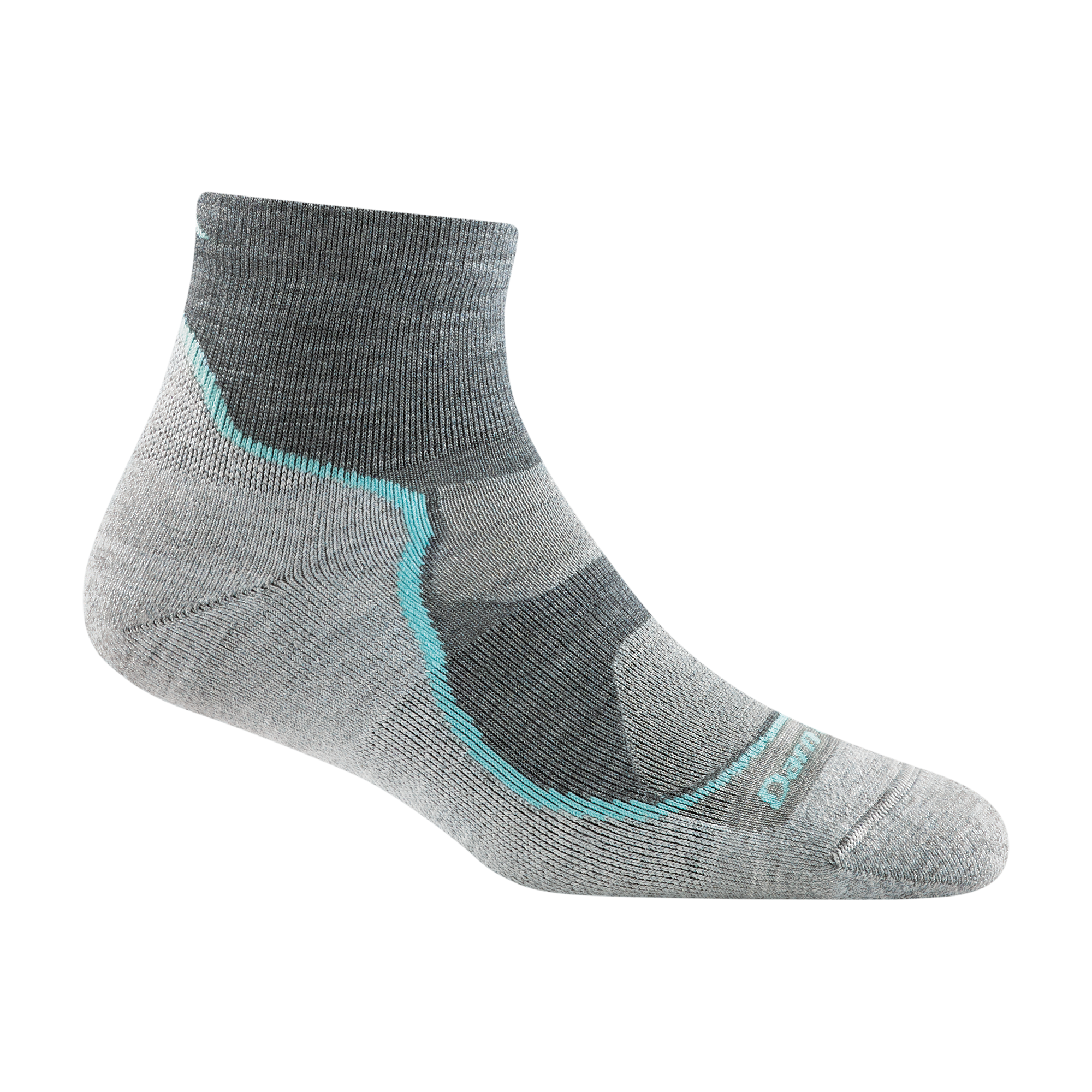 1987 women's light hiker quarter hiking sock in slate gray with light blue stripe down forefoot and dark gray ankle