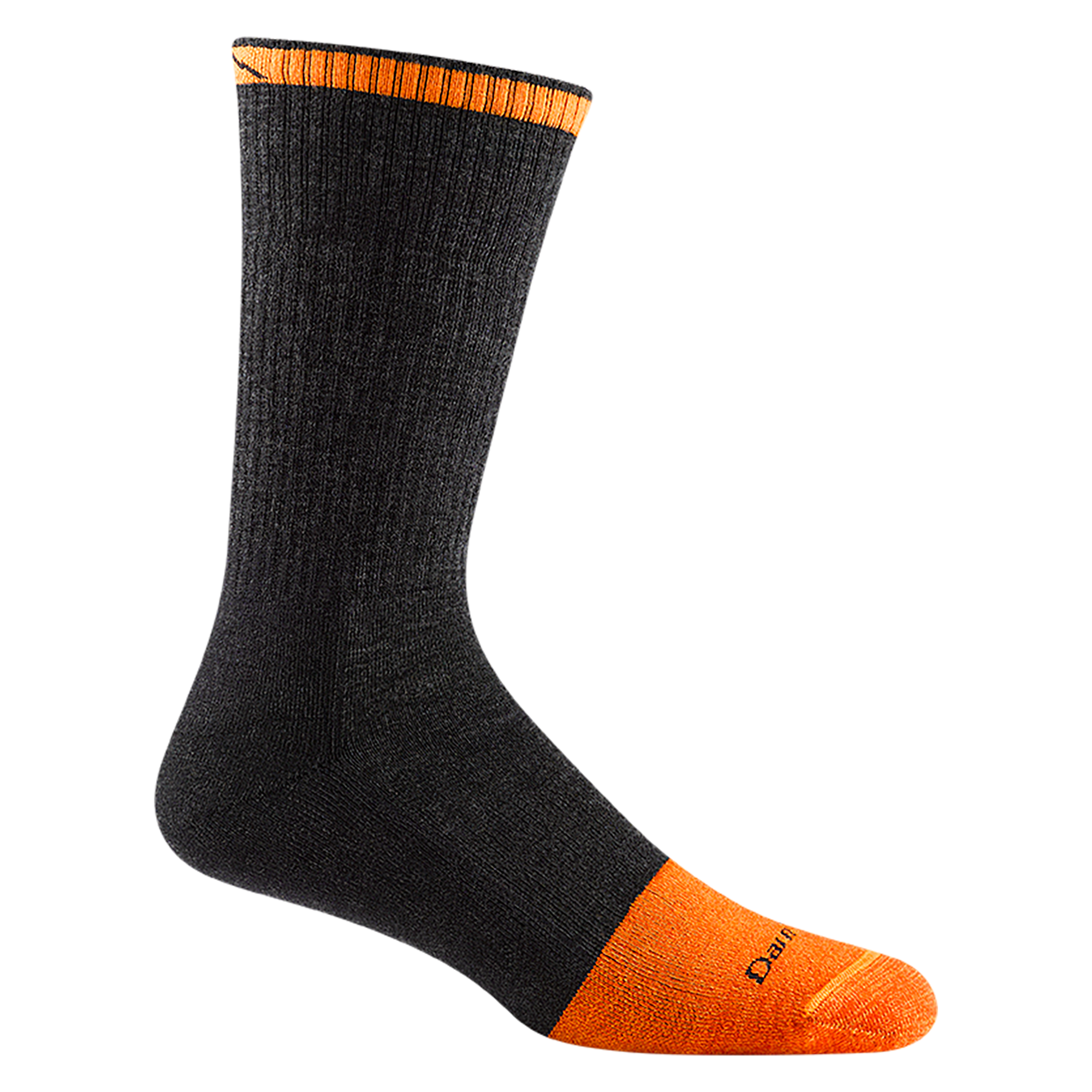 2006 men's steely boot work sock in graphite gray with orange toe/trim accents and black darn tough signature on forefoot