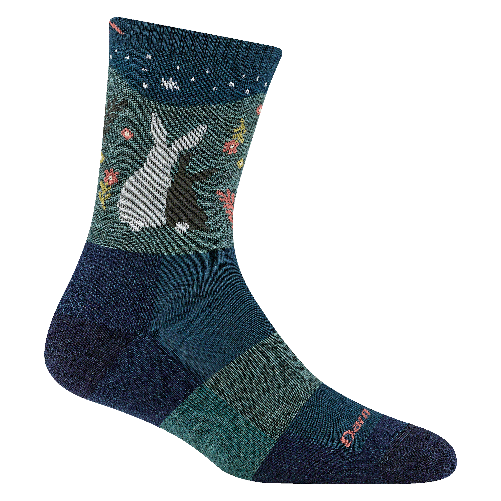 5001 women's critter club micro crew hiking sock in eclipse with navy toe/heel accents and two rabbits snuggling on the cuff