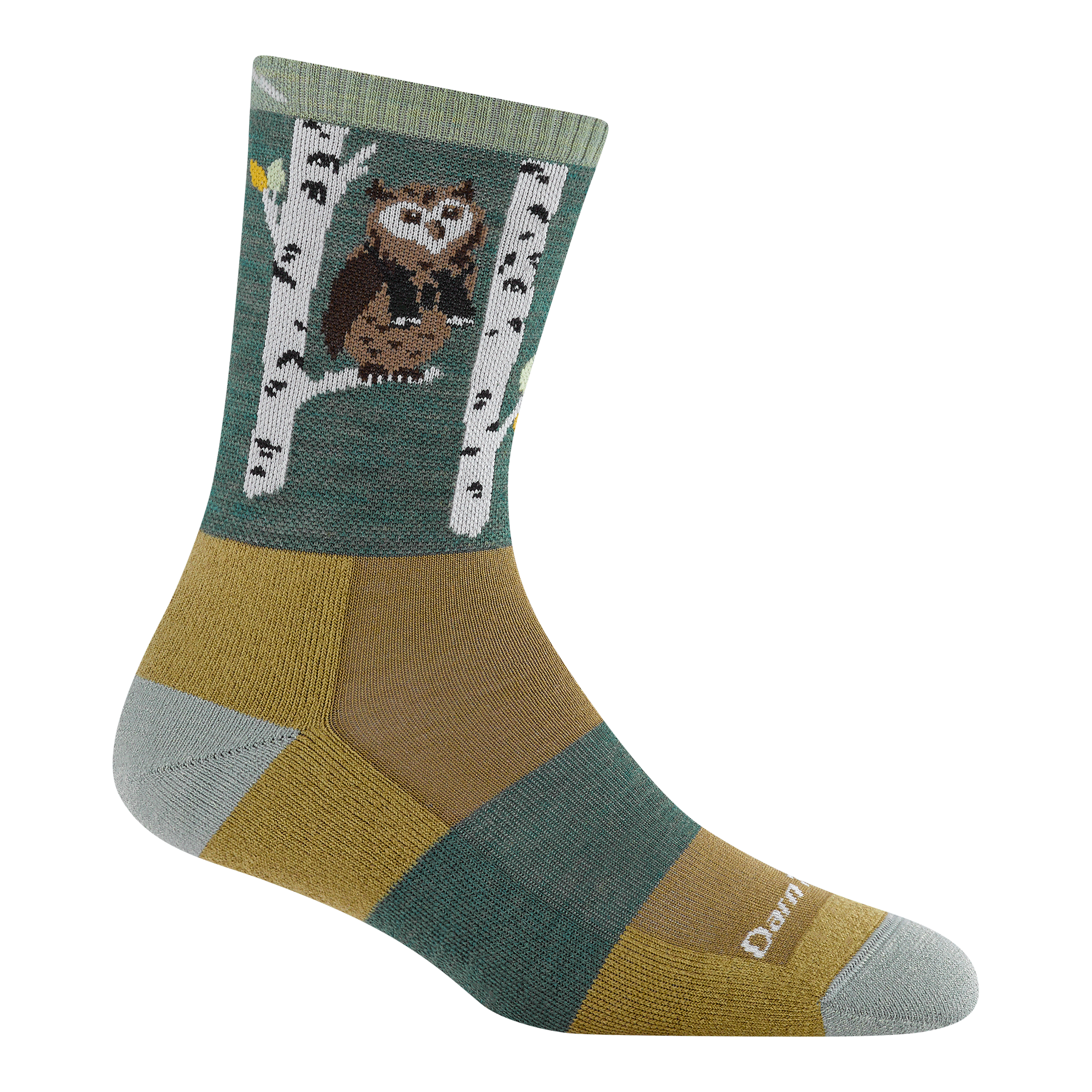 5001 critter club micro crew hiking sock in owl green featuring a light green heel/toe yellow body with green band and owl on the leg