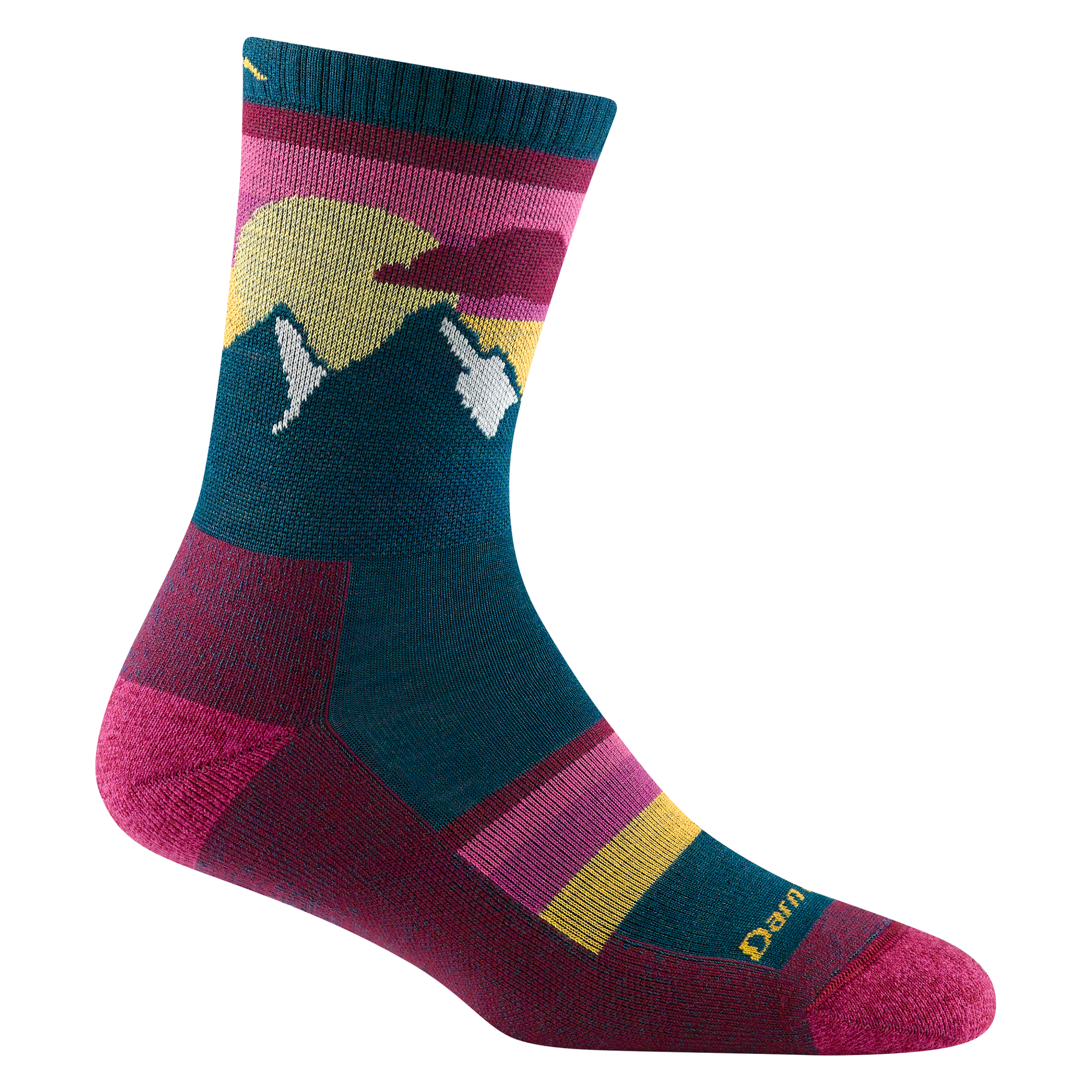 5005 women's sunset ledge micro crew hiking sock in dark teal with pink toe/heel and yellow to pink sunset with mountain