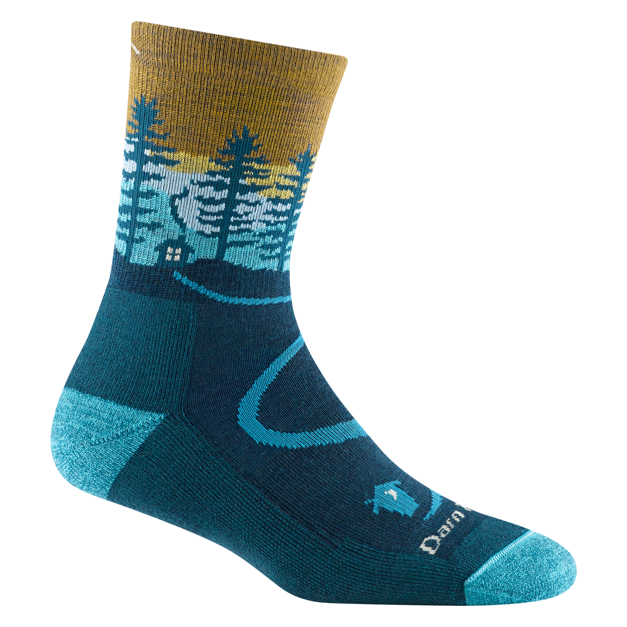 5013 women's northwoods micro crew hiking sock in dark teal with a blue toe/heel accents and cabin and tree design on the ankle