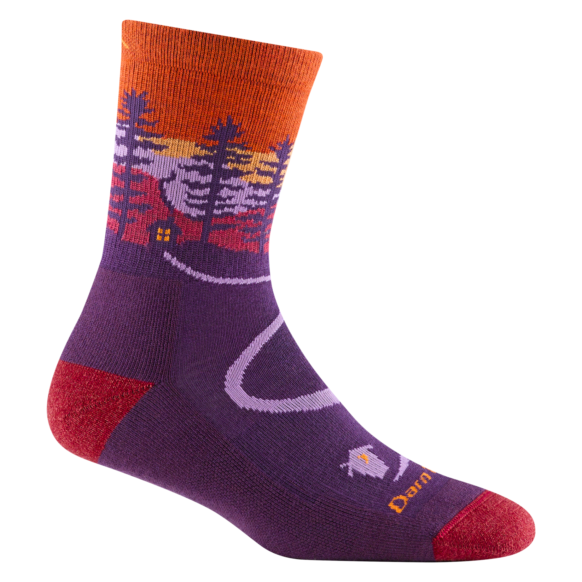 5013 women's northwoods micro crew hiking sock in nightshade with a red toe/heel accents and  cabin and tree design on the ankle