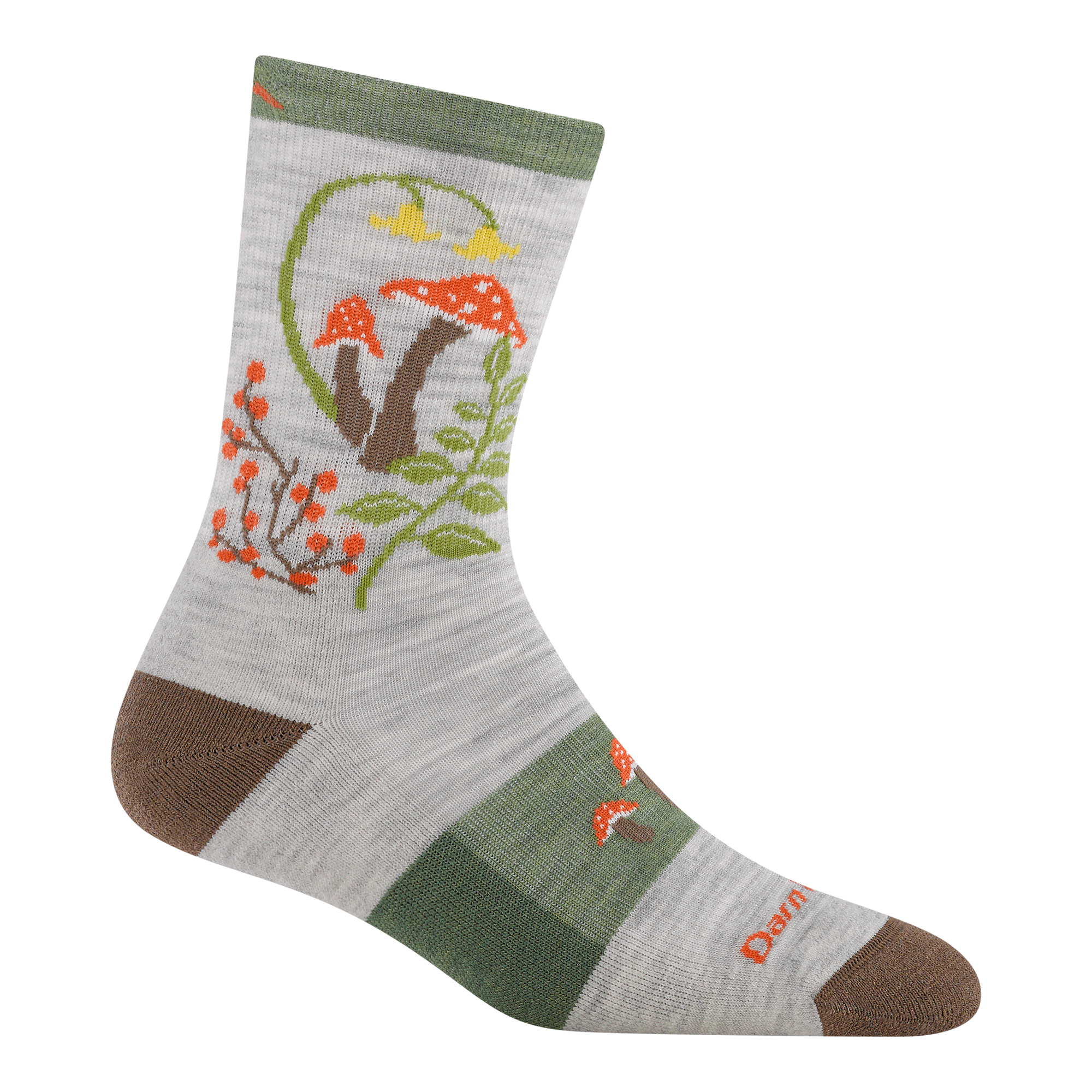 5026 mellow mushrooms micro crew hiking sock in ash featuring a brown heel/toe light gray body green band on foot mushroom ferns and flowers on leg