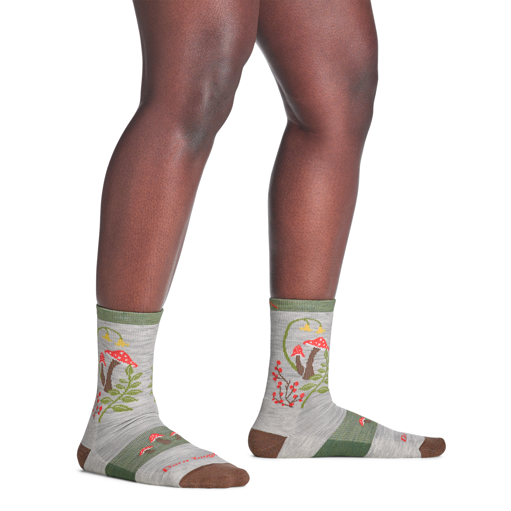 model standing barefoot wearing the mellow mushroom micro crew hiking sock in ash