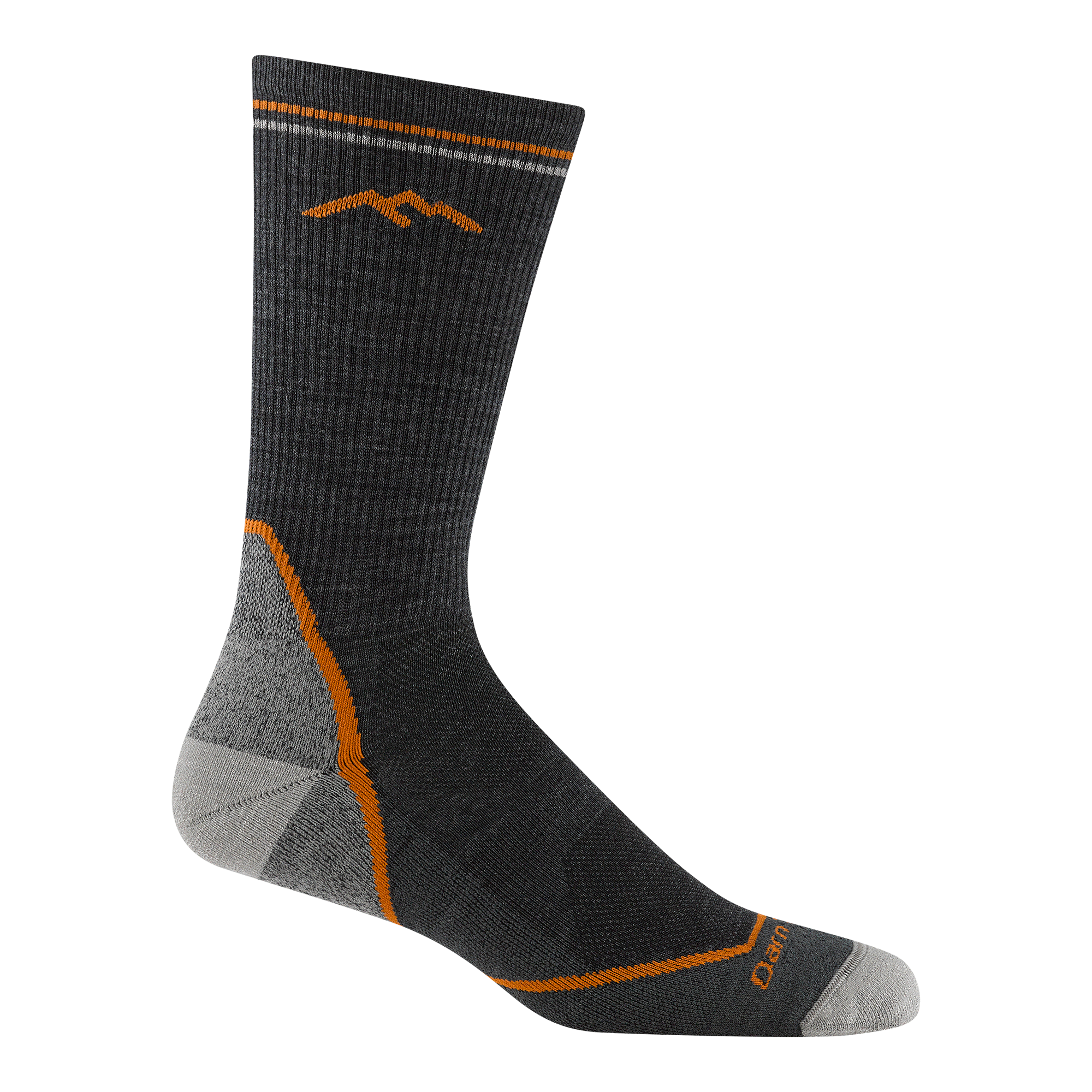 5028 light hiker boot sock in charcoal featuring gray heel/toe orange striping and black body