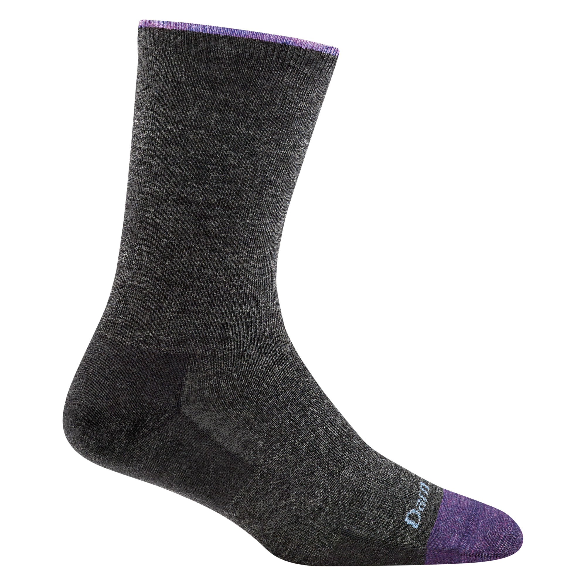 6012 women's solid basic crew lifestyle sock in charcoal with purple accents and blue darn tough signature on forefoot