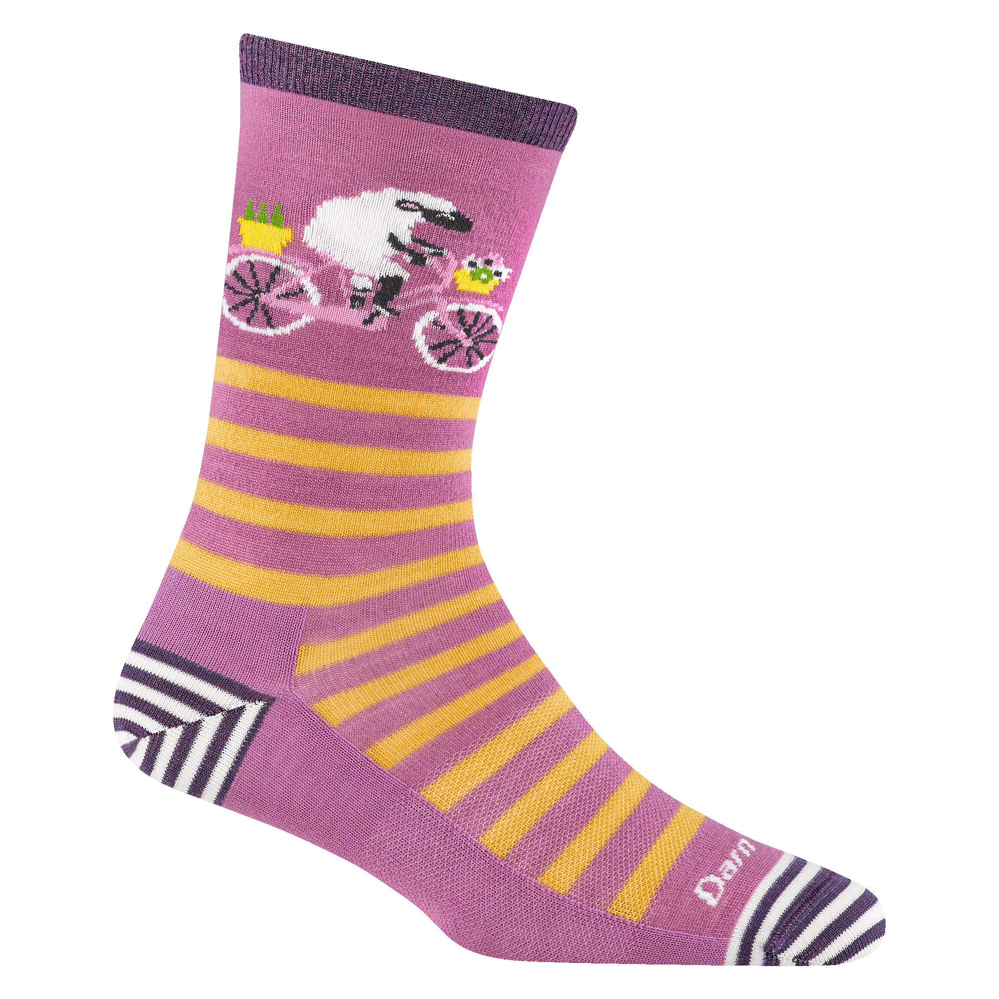 6037 women's animal haus crew lifestyle sock in lilac with striped toe/heel accents and a sheep riding a bike 