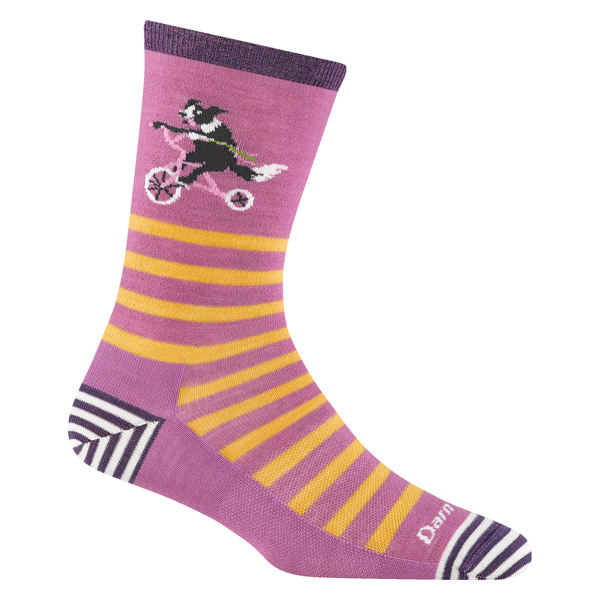 Reverse 6037 women's animal haus crew lifestyle sock in lilac with striped toe/heel accents and a dog riding a bike