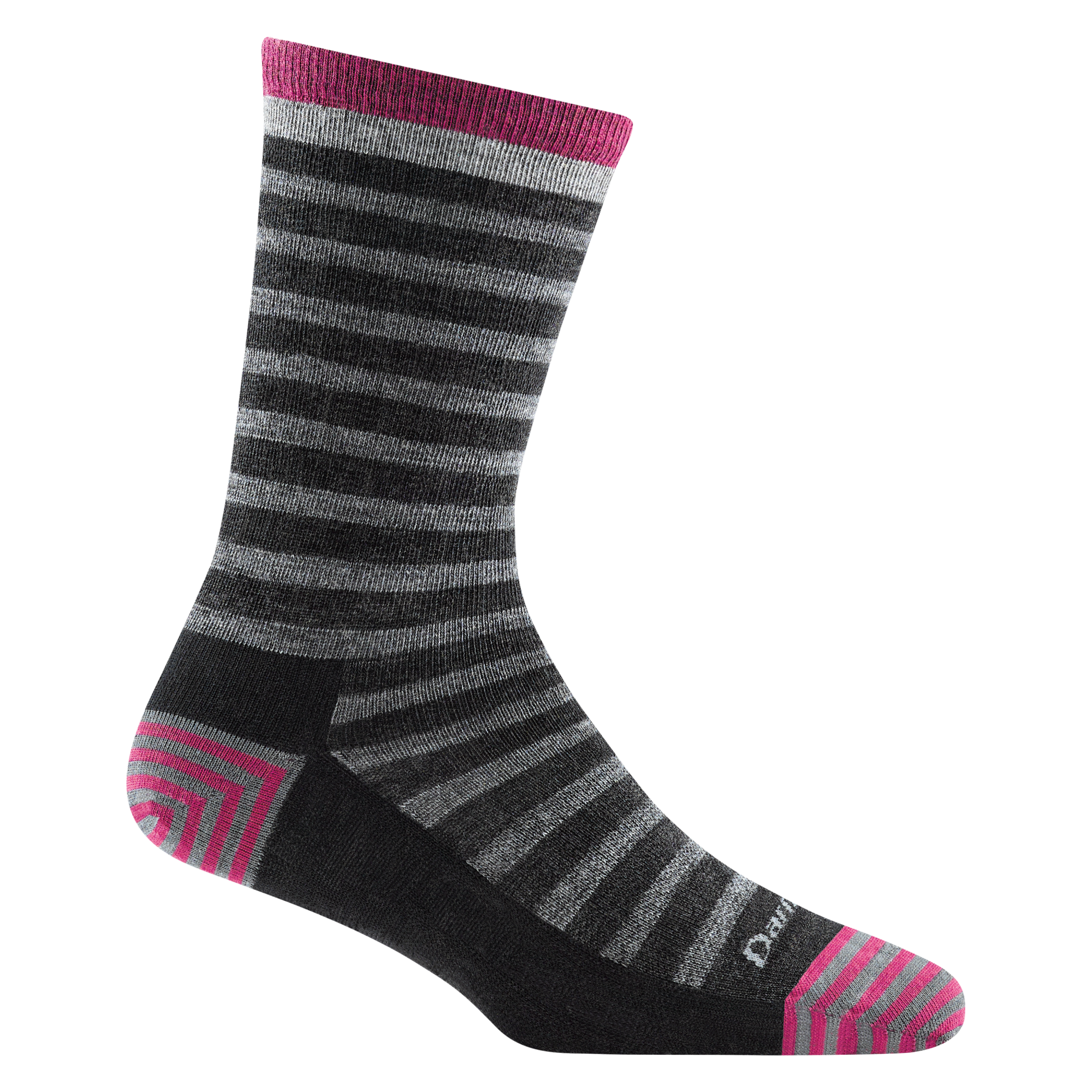 6039 women's morgan crew lifestyle sock in color charcoal with pink striped toe/heel accents and gray stripes