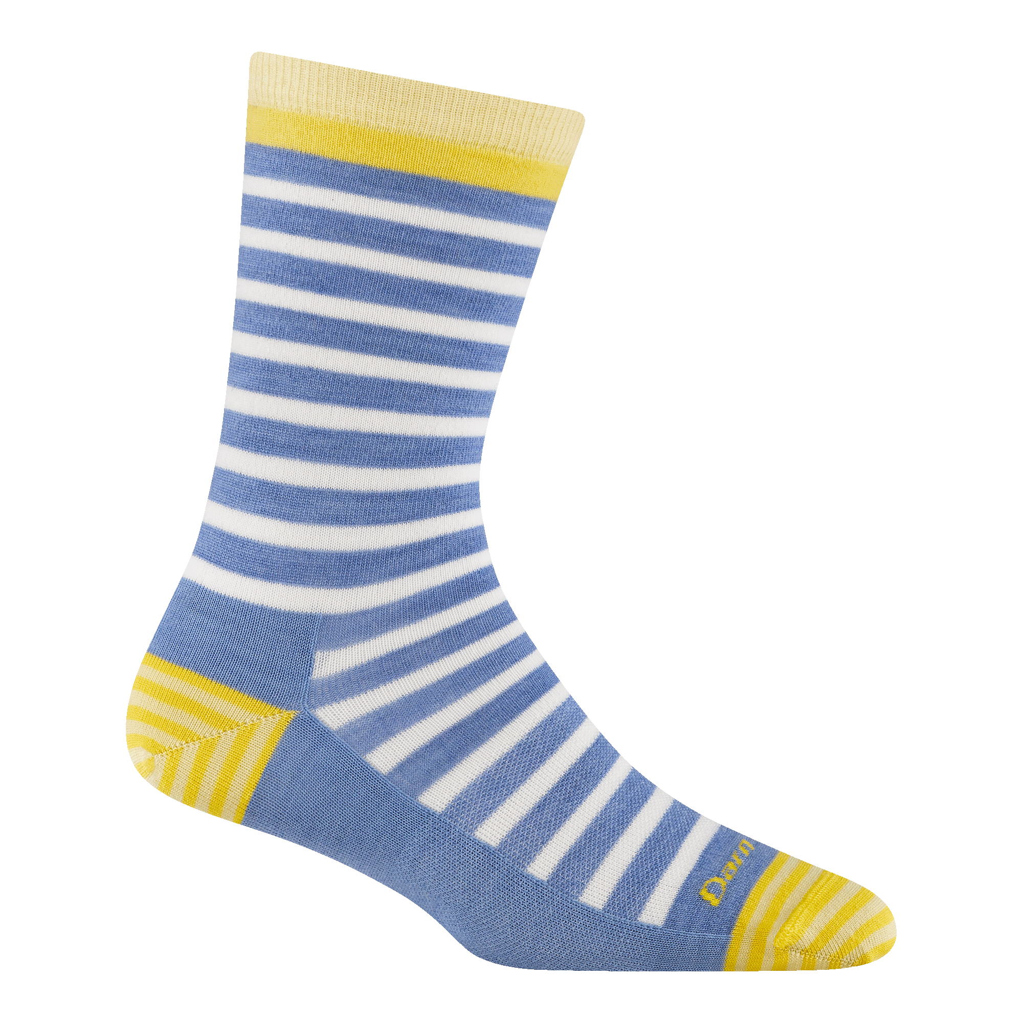 6039 women's morgan crew lifestyle sock in color country blue with yellow striped toe/heel accents and blue/white stripe body stripes