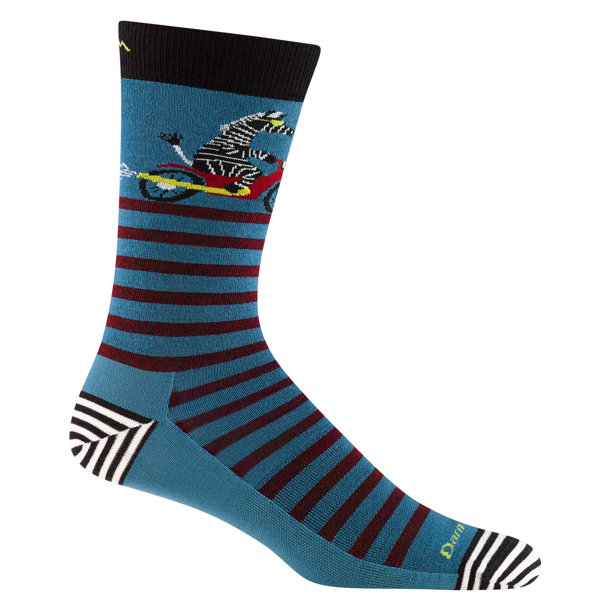 6066 men's animal haus crew lifestyle sock in cascade blue with striped toe/heel accent and a zebra riding a motorcycle