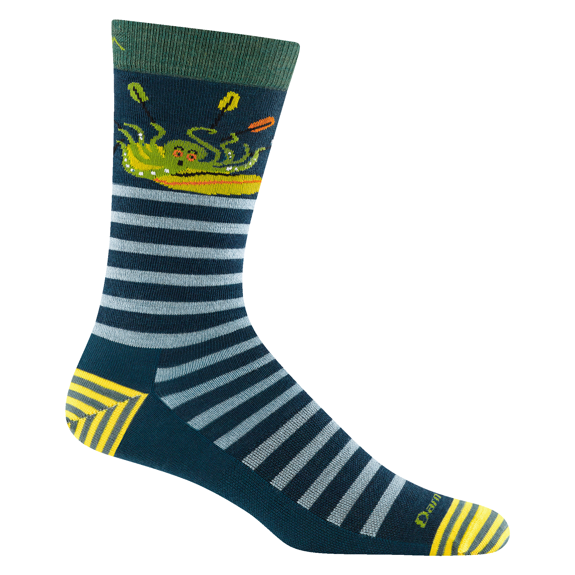 6066 men's animal haus crew lifestyle sock in dark teal with yellow striped toe/heel accents, octopus in a boat design