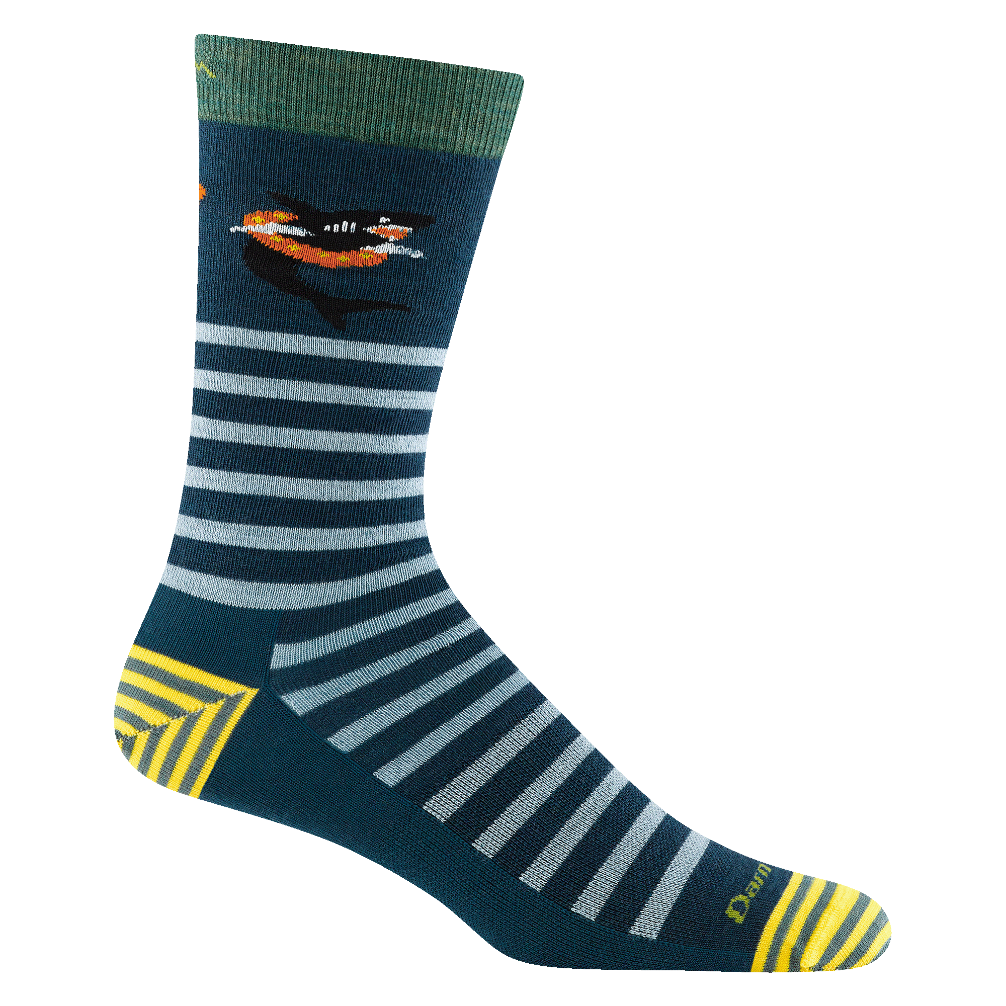 Reverse 6066 men's animal haus crew lifestyle sock in dark teal with yellow striped toe/heel accents, shark in a float design