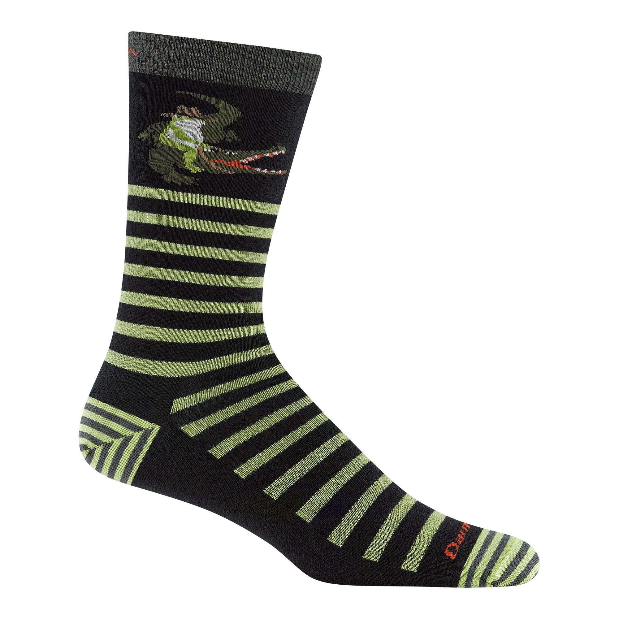 6066 animal haus crew sock in gator green featuring striped heel/toe with dark green body light green stripes with frog riding a gator on the leg