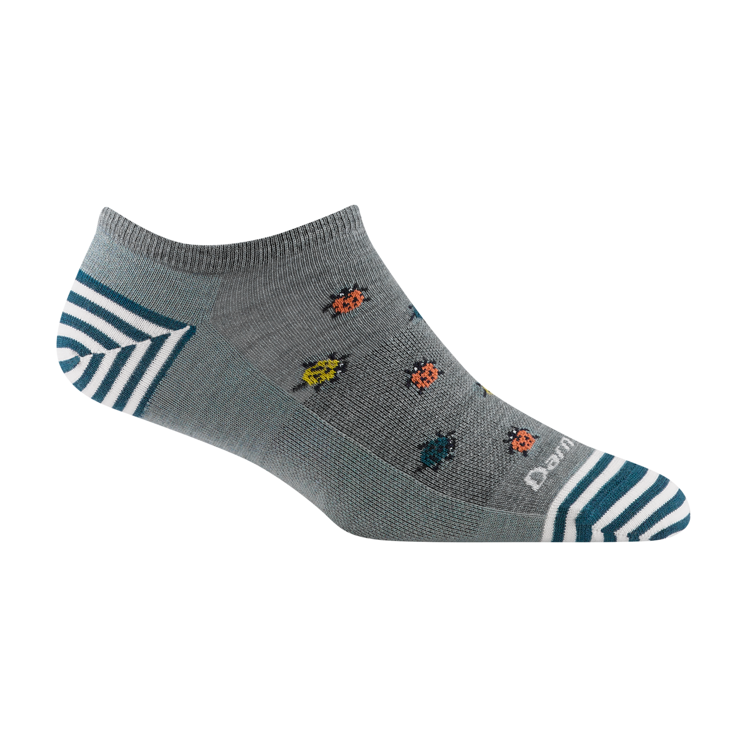 6074 women's lucky lady no show lifestyle sock in seafoam with teal and white striped accents and orange lady bugs