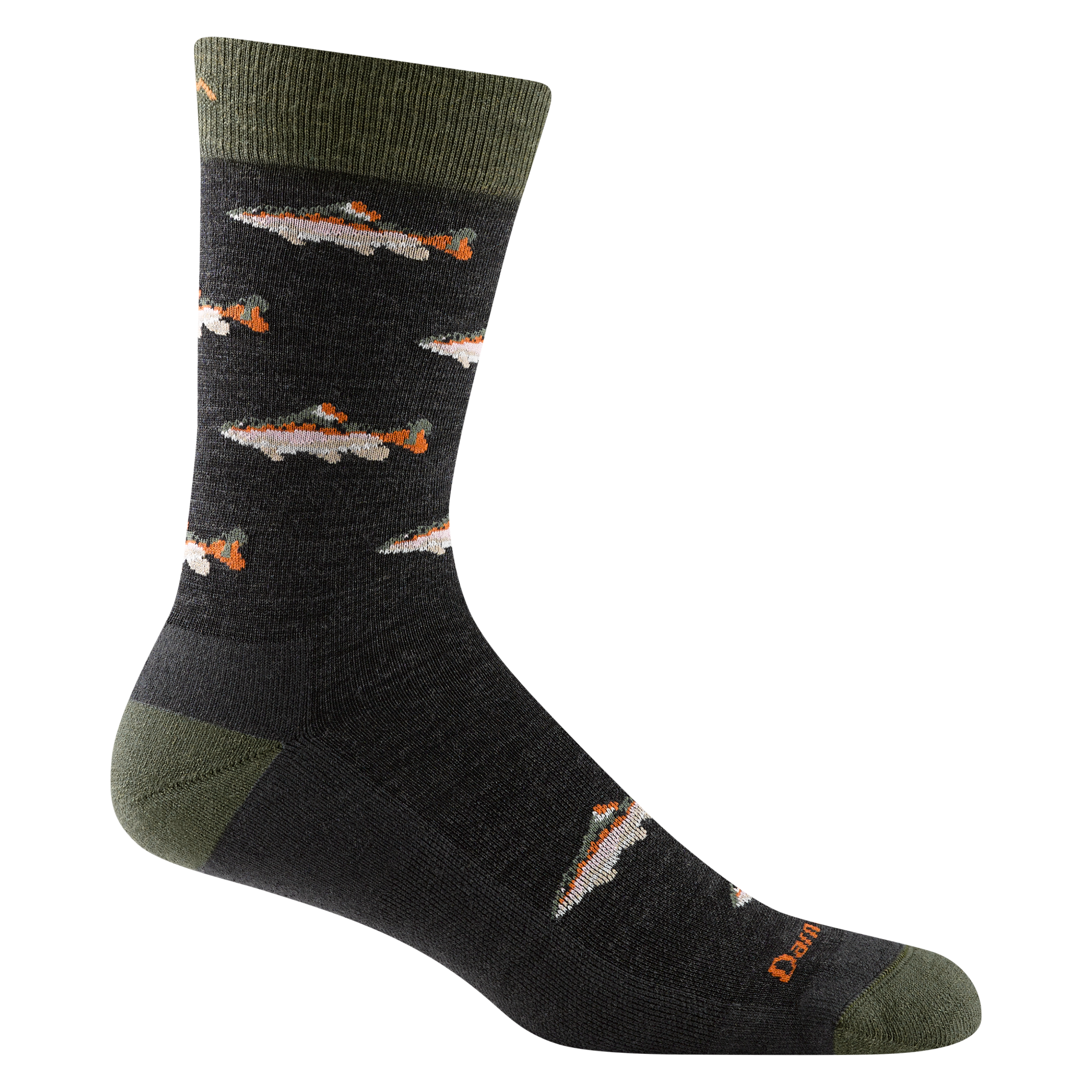 6085 men's spey fly crew lifestyle sock in charcoal with olive green toe/heel accents and tan and orange fishes design