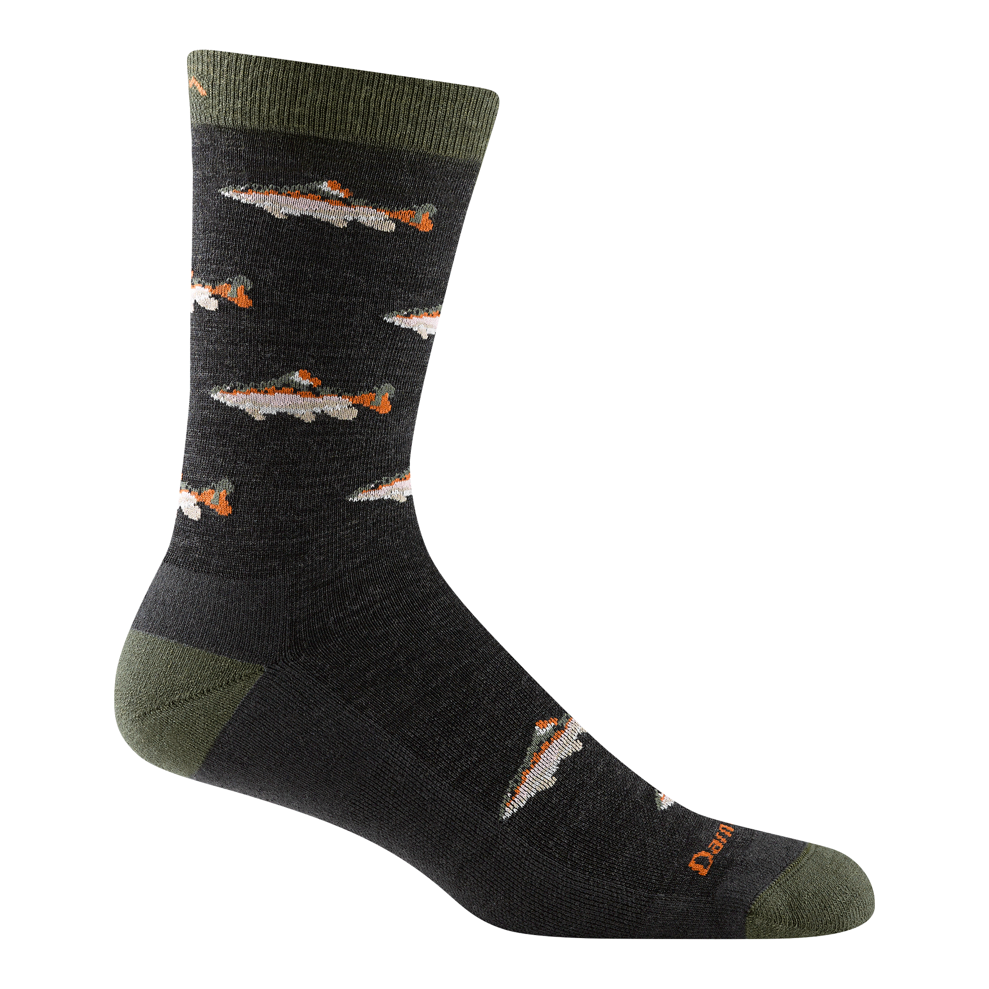 6085 men's spey fly crew lifestyle sock in charcoal with olive green toe/heel accents and tan and orange fishes design