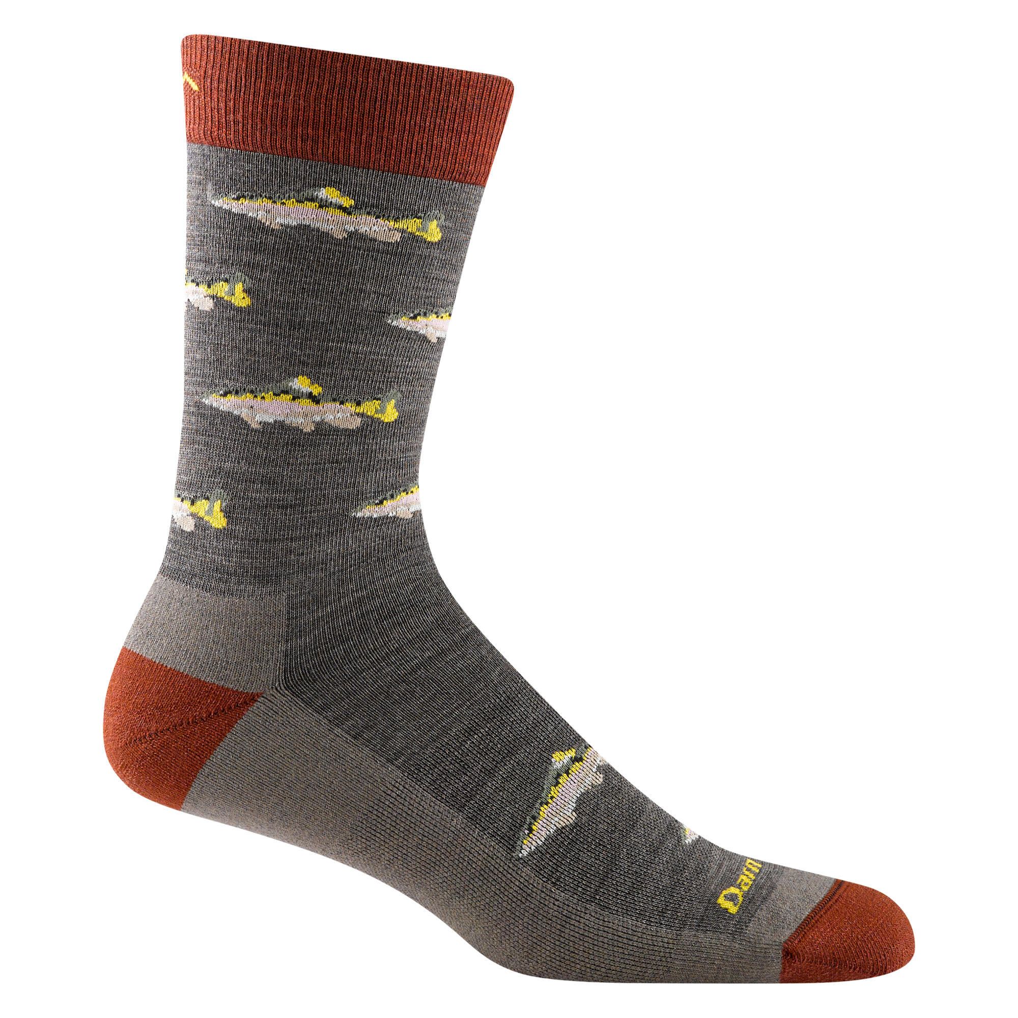 6085 men's spey fly crew lifestyle sock in taupe with rust orange toe/heel accents and gray and yellow fishes design