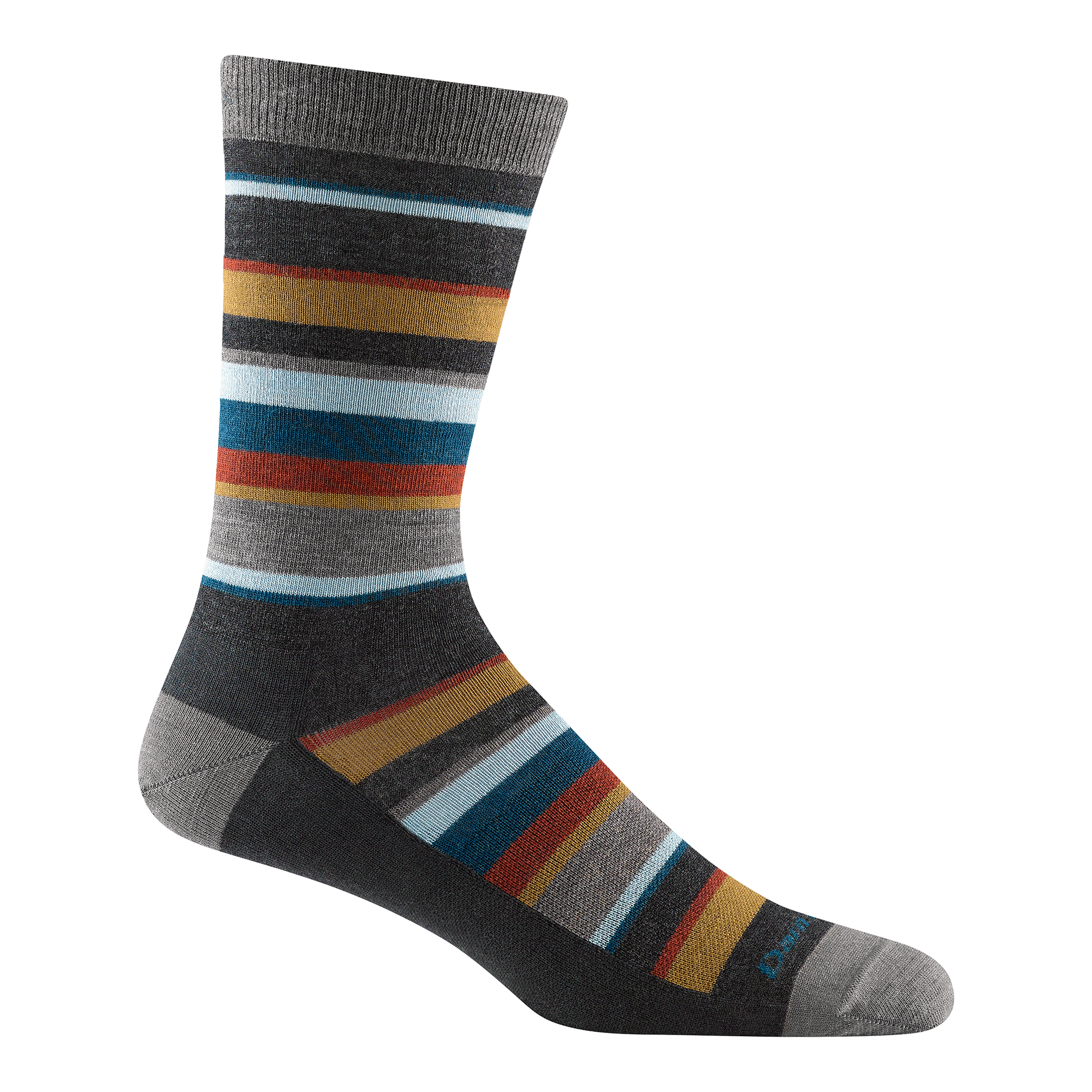 6090 men's druid crew lifestyle sock in charcoal with light gray toe/heel accents and gold, blue, and red striping