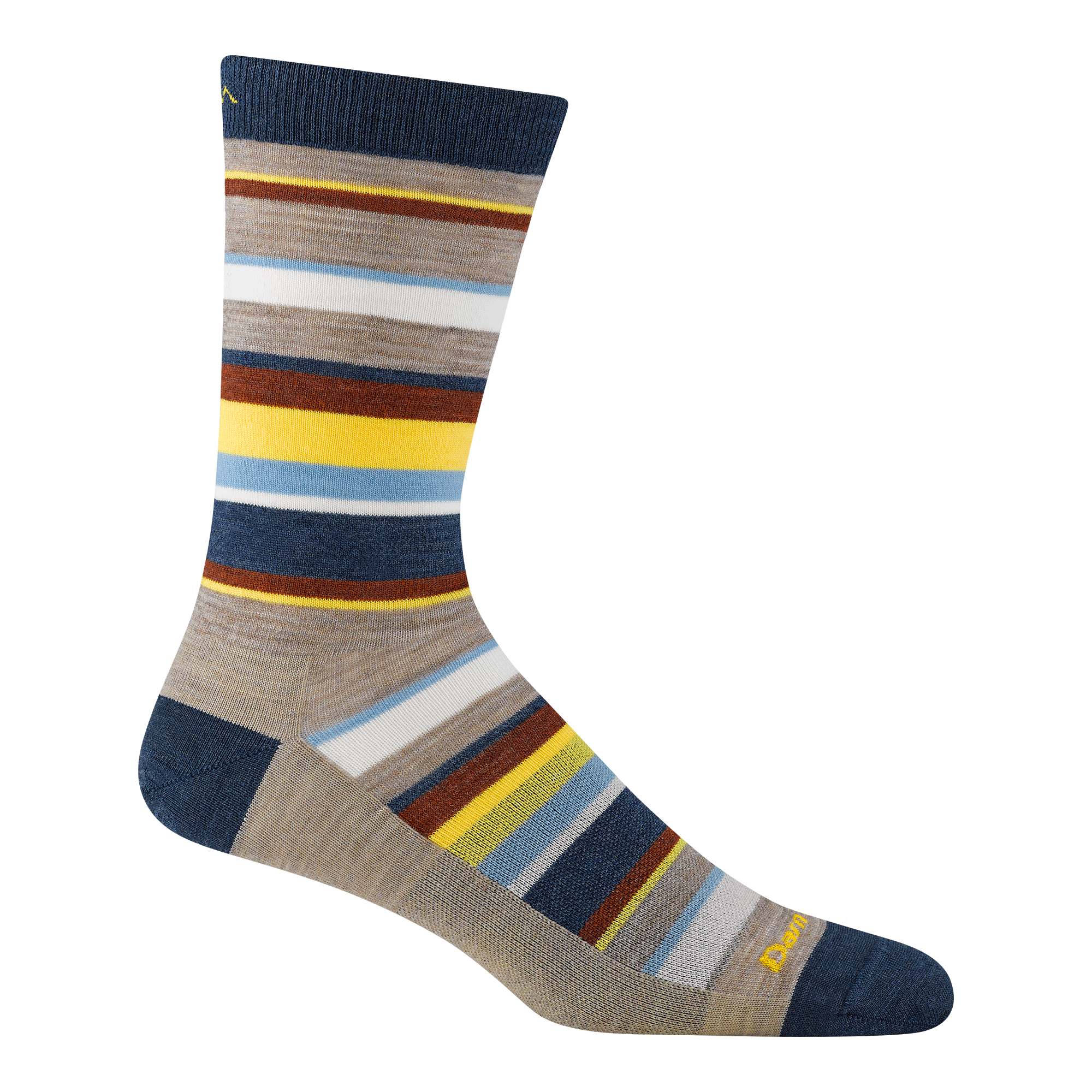 6090 men's druid crew lifestyle sock in rye with navy toe/heel accents and yellow, blue and white striping
