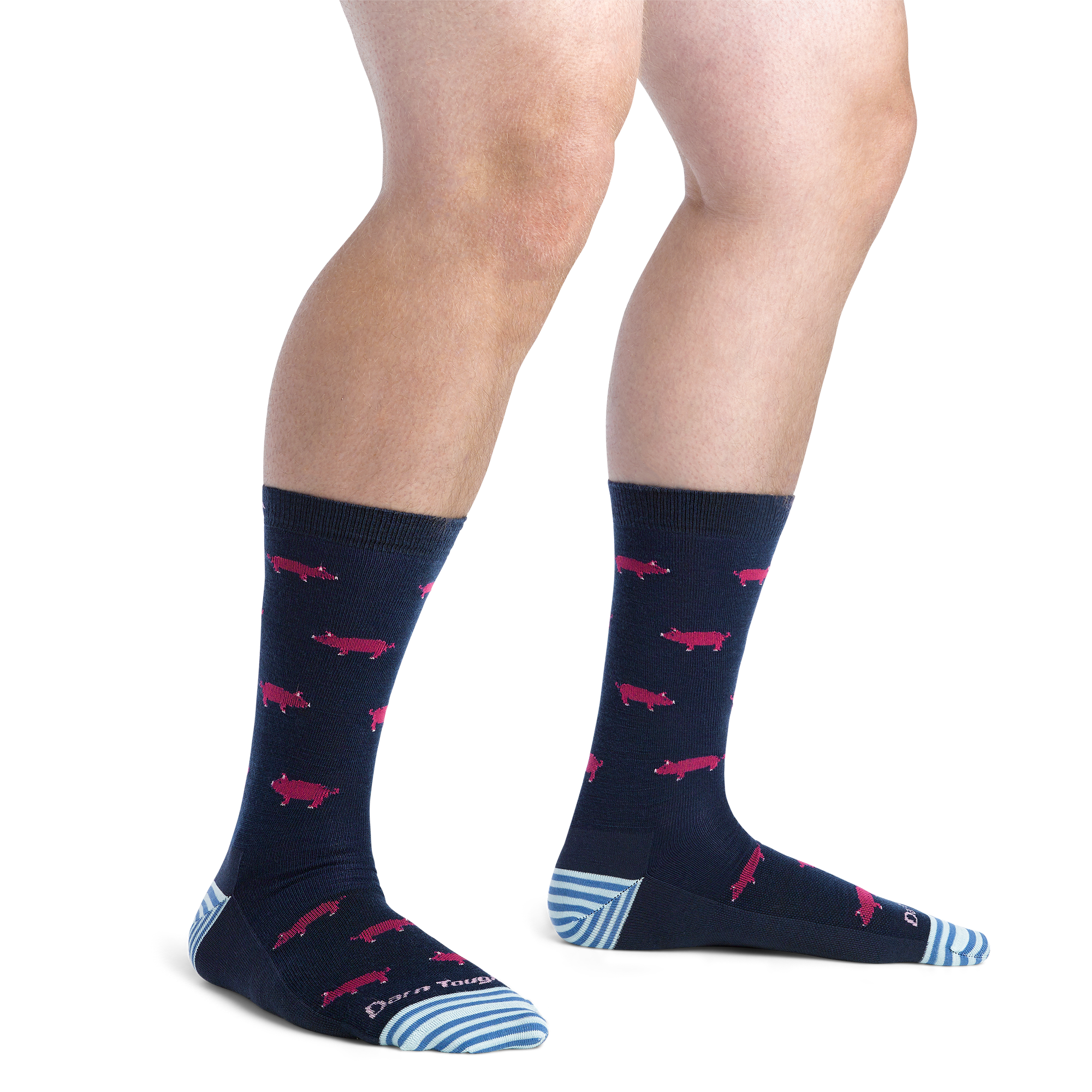 Close up shot of model wearing the men's truffle hog crew sock in midnight with no shoes on