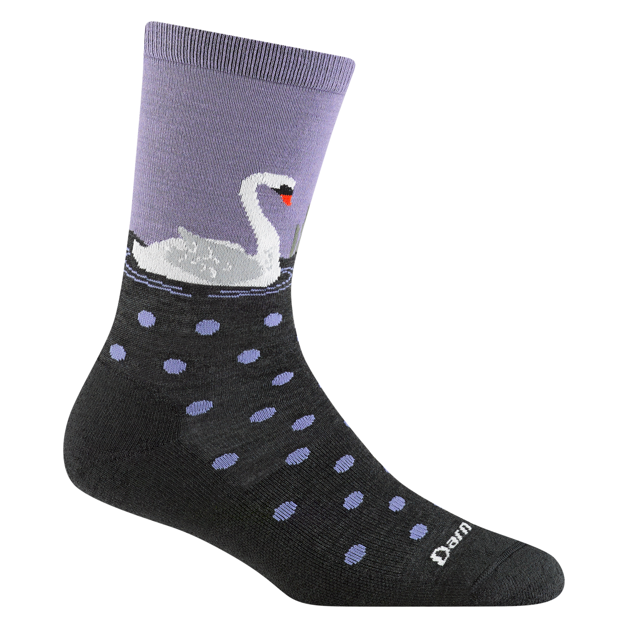 Women's wild life micro crew lifestyle sock in chacoal with a white swimming swan and purple polka dots