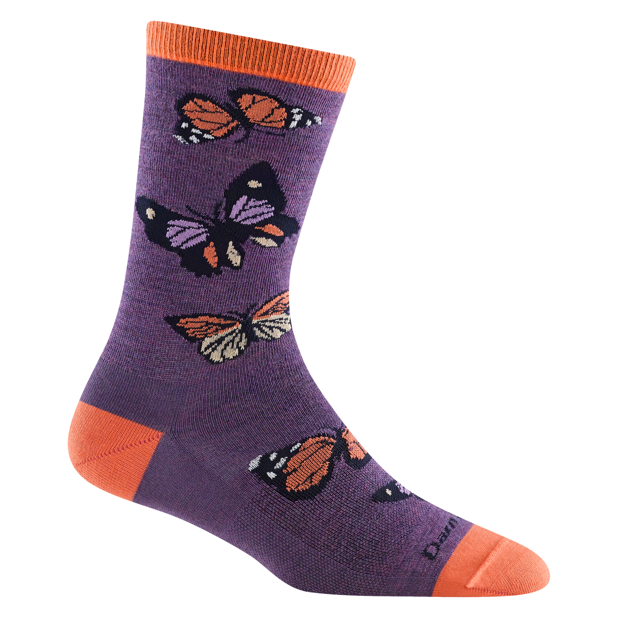 6109 Flutter in plum featuring orange heel/toe/cuff with purple body and orange and tan butterfly design 