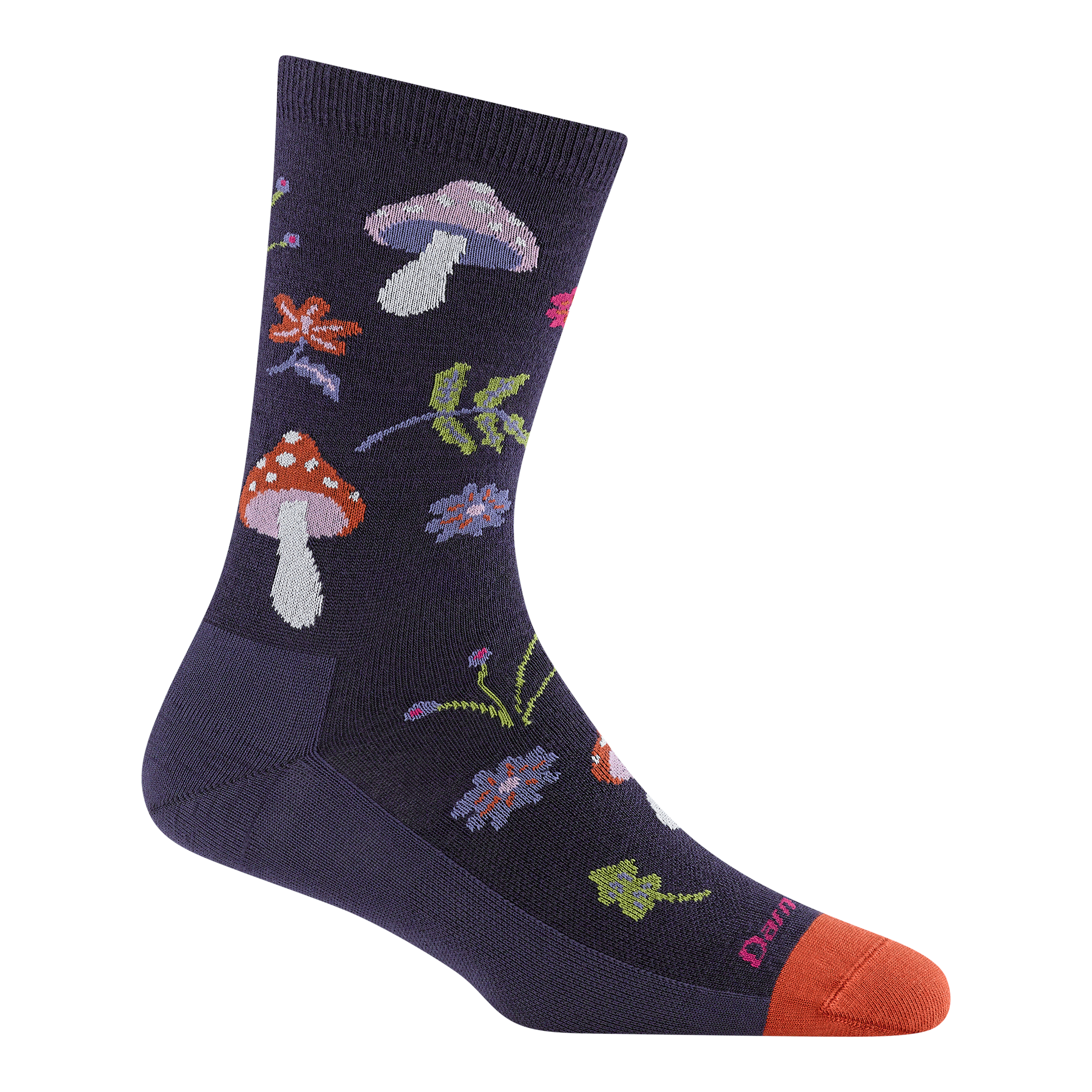 6133 shroom bloom in blackberry featuring an orange toe and purple body with mushrooms leaves and flowers all over