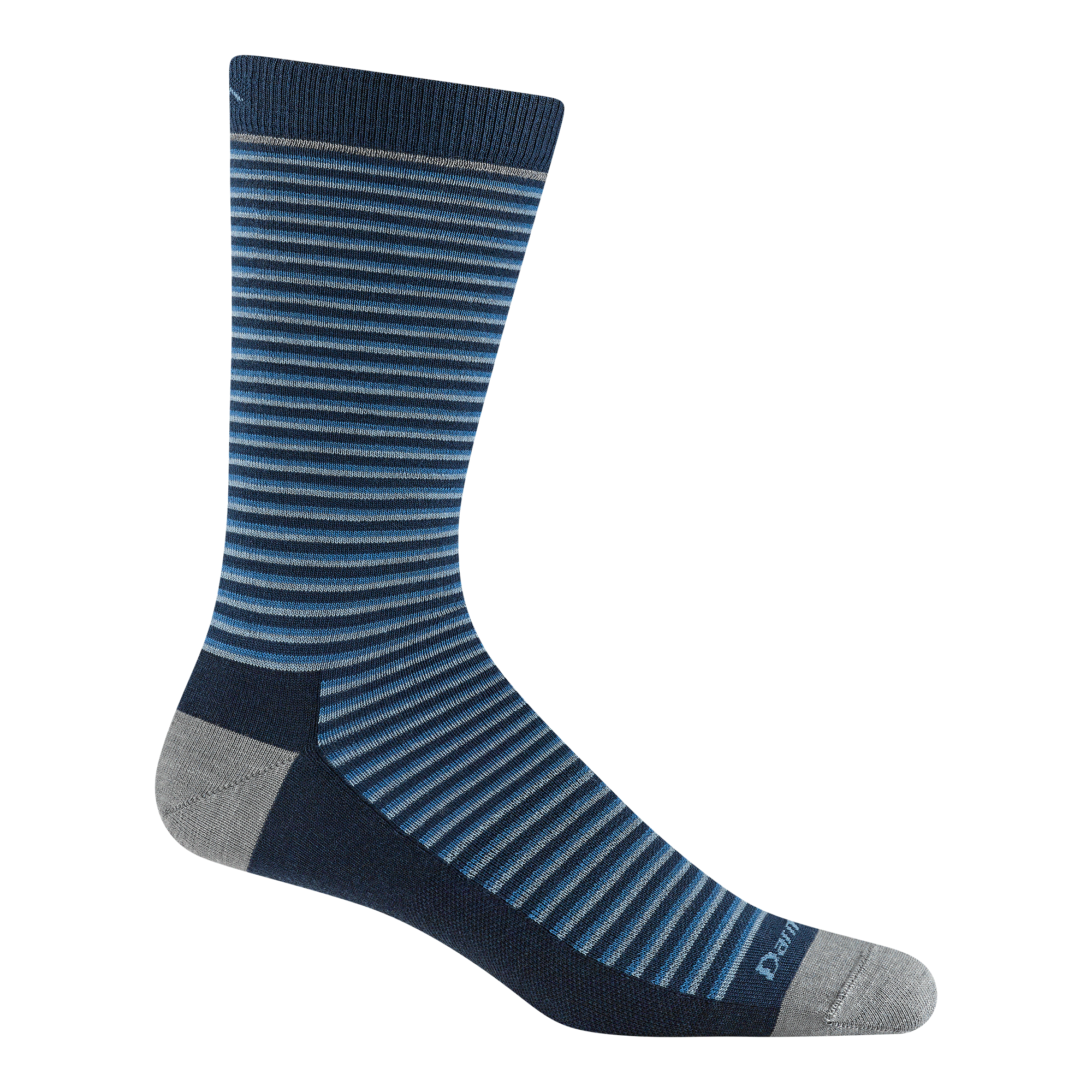 6134 Mens Microstripe lightweight crew sock in eclipse featuring mini stipes of lt blue, navy and gray and gray heel/toe