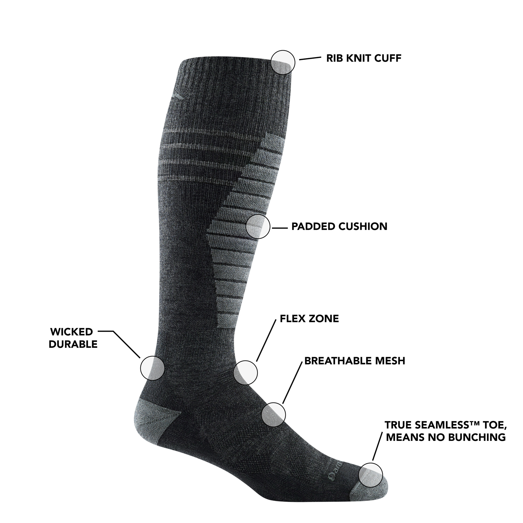 8007, Ski OTC featureS, rib knit cuff, padded shin, durable breathable merino with flex zone and true seamless toe.