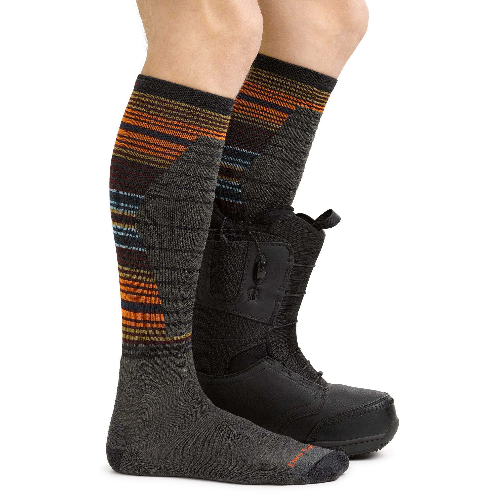 Men's Backwoods Snowboard and Ski Socks in Forest on foot with snowboard boot