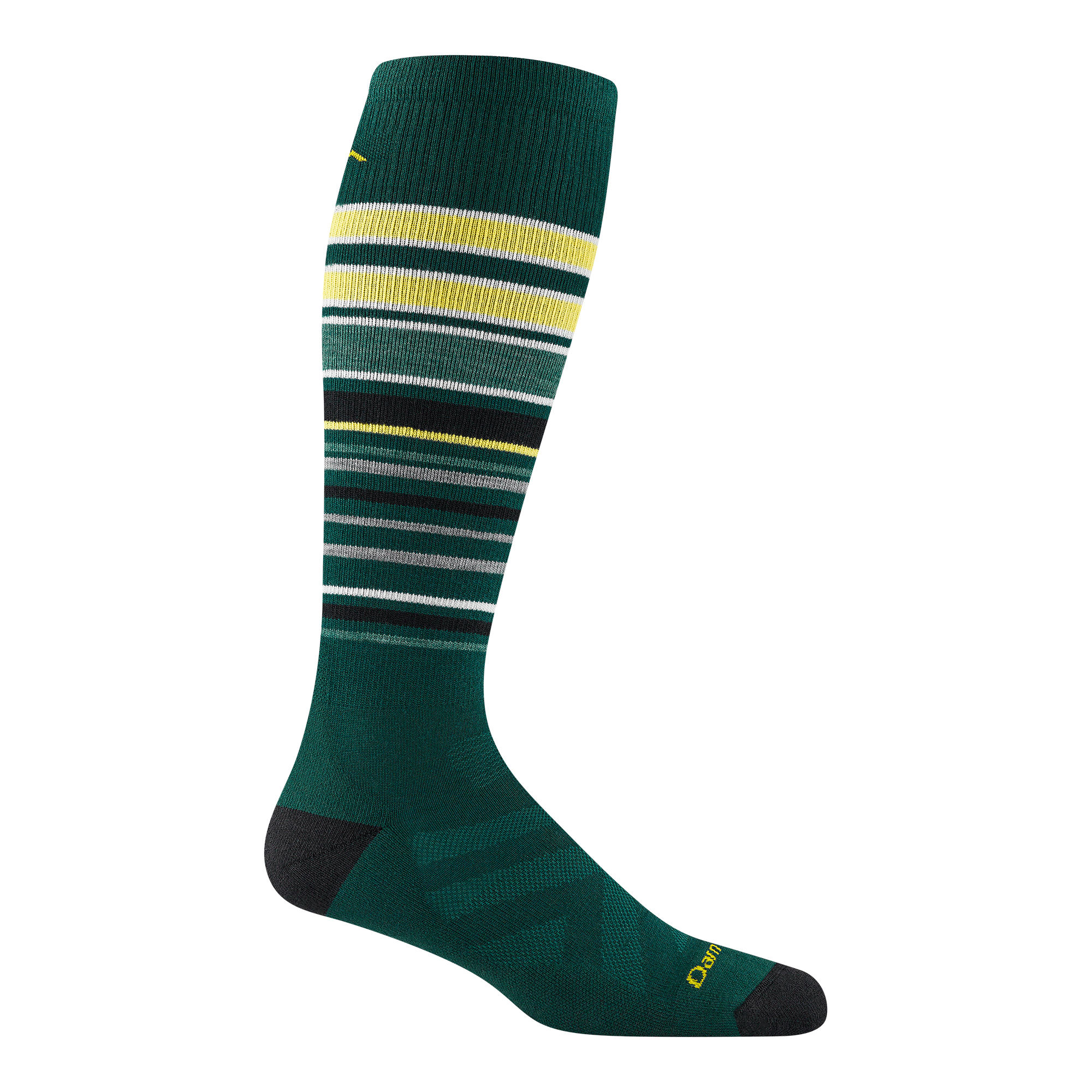 8017 Snowpack over the calf ski and snowboard sock in pine featuring black toe/heel and multi color stripes on leg
