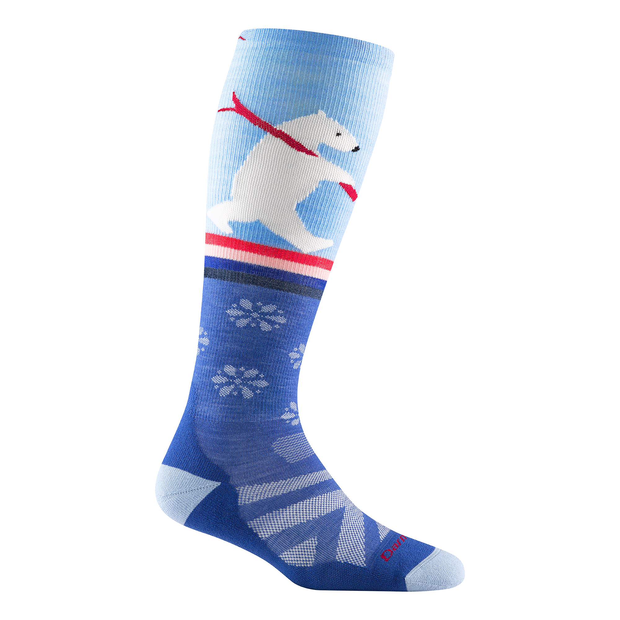 8025 women's due north over-the-calf ski sock in stellar blue with light blue accents and white polar bear design