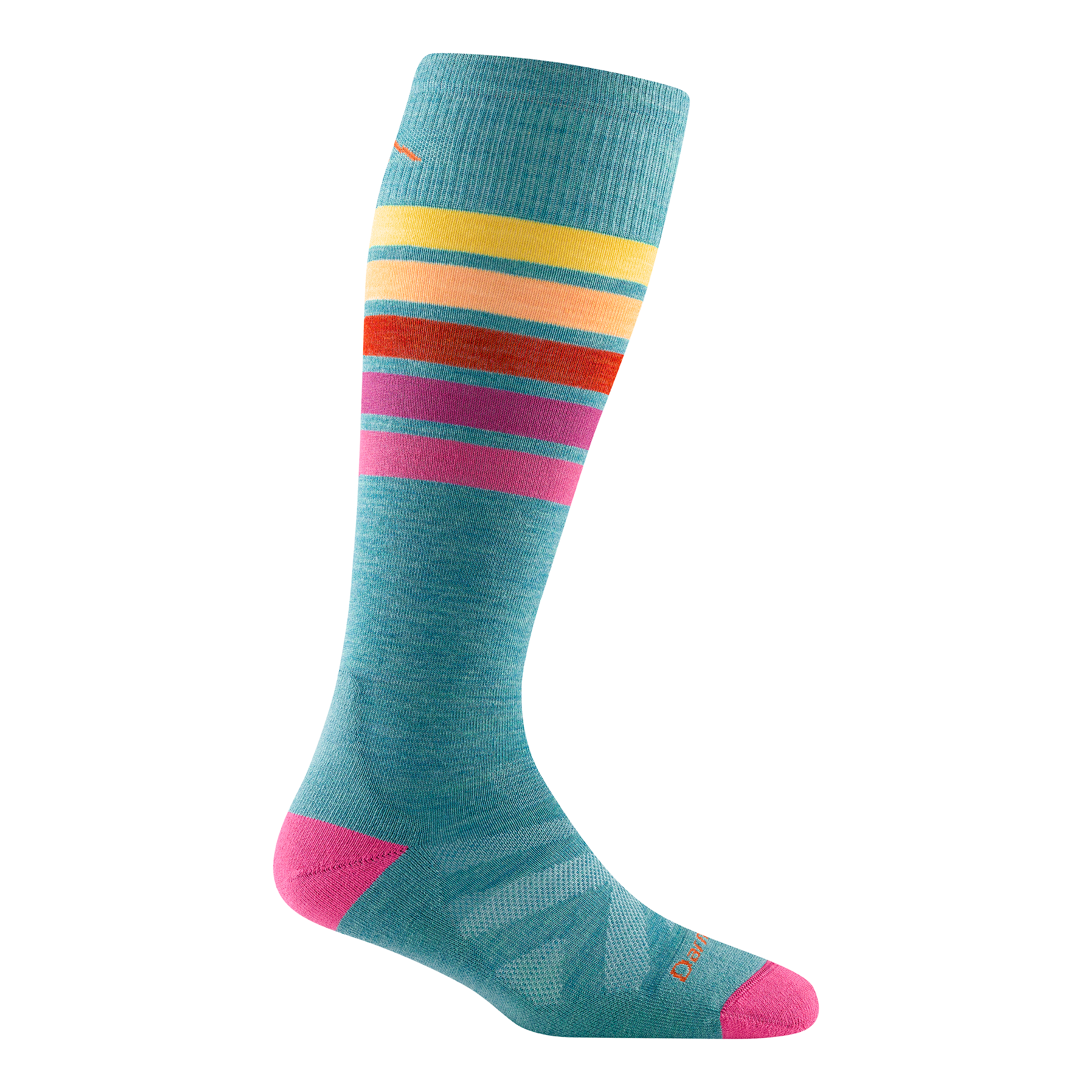 8028 women's snowburst over-the-calf ski sock in aqua with pink toe/heel accents and pink, red, and yellow calf striping