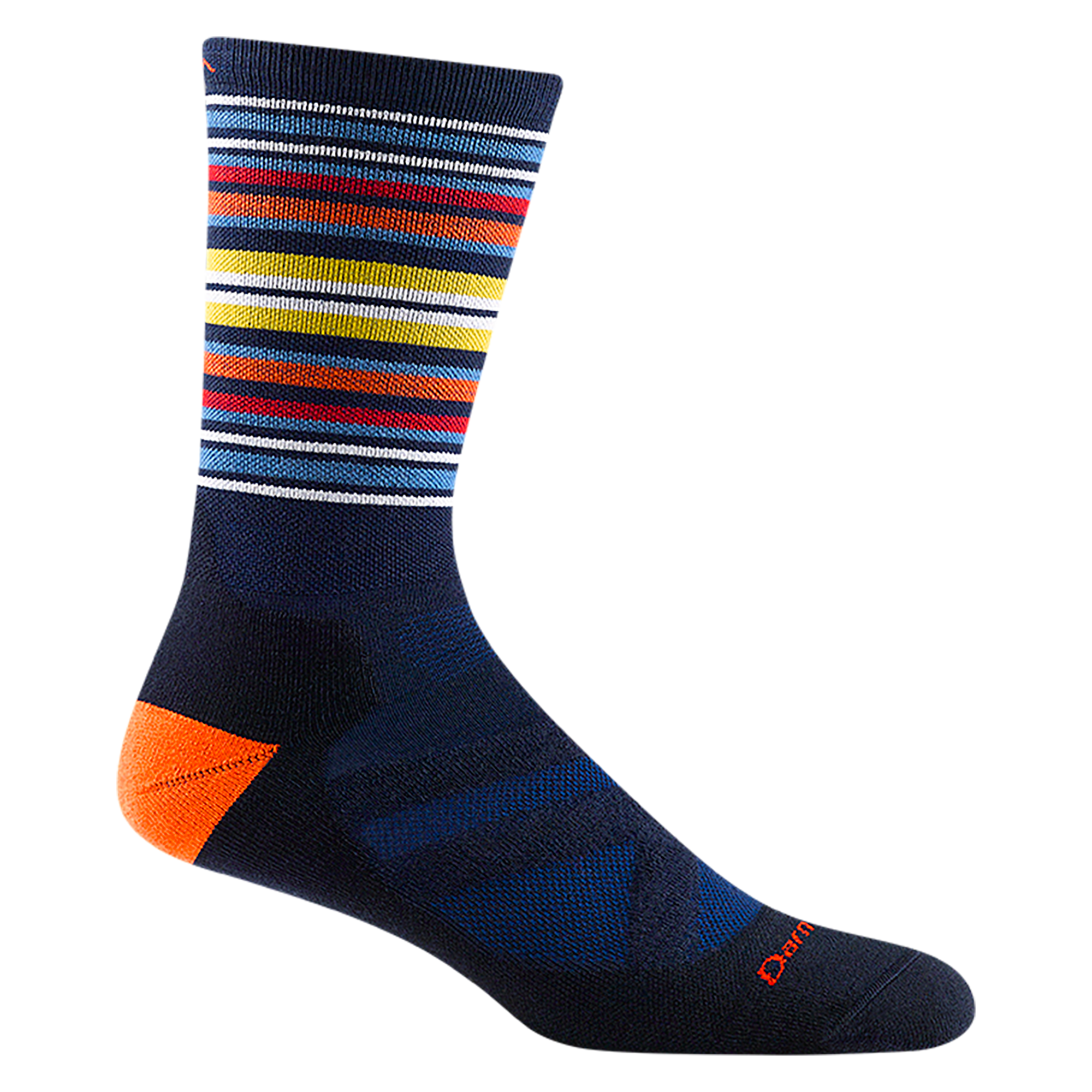 8034 men's oslo nordic boot ski sock in color navy with orange heel and yellow, blue, and orange calf striping