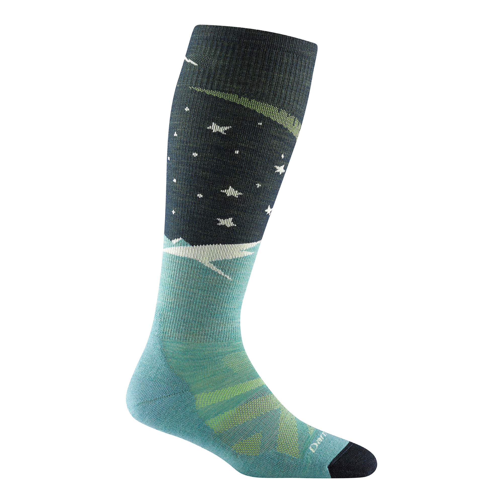Reverse side of women's aurora over-the-calf ski sock in aqua with green chevron forefoot and white stars on calf