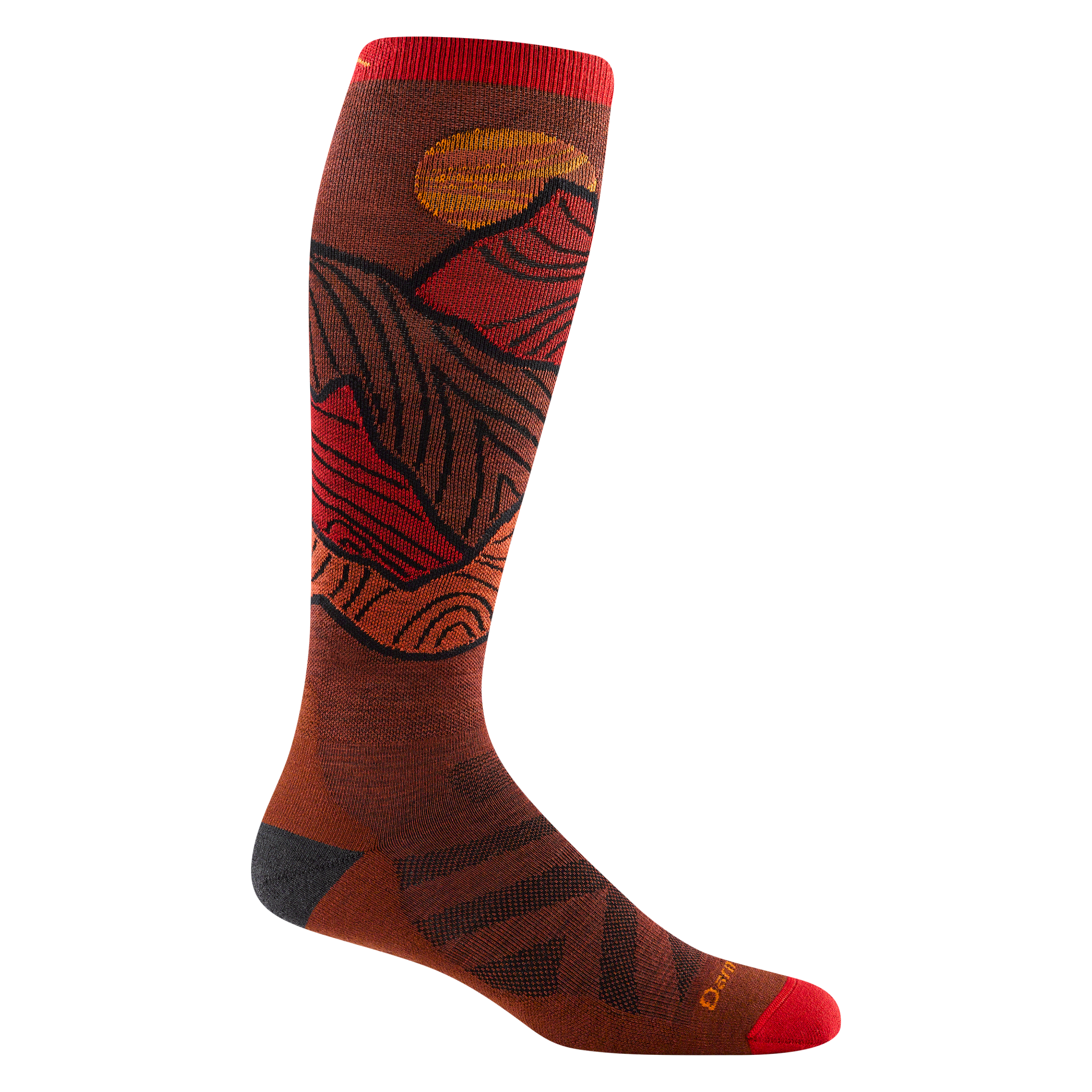 Product image of 8050 Titan Ski/Snowbaord sock in Fireball colorway featuring bright red cuff and cuff accents, black heel accents, and red, orange, and brown mountain pattern in body of the sock.