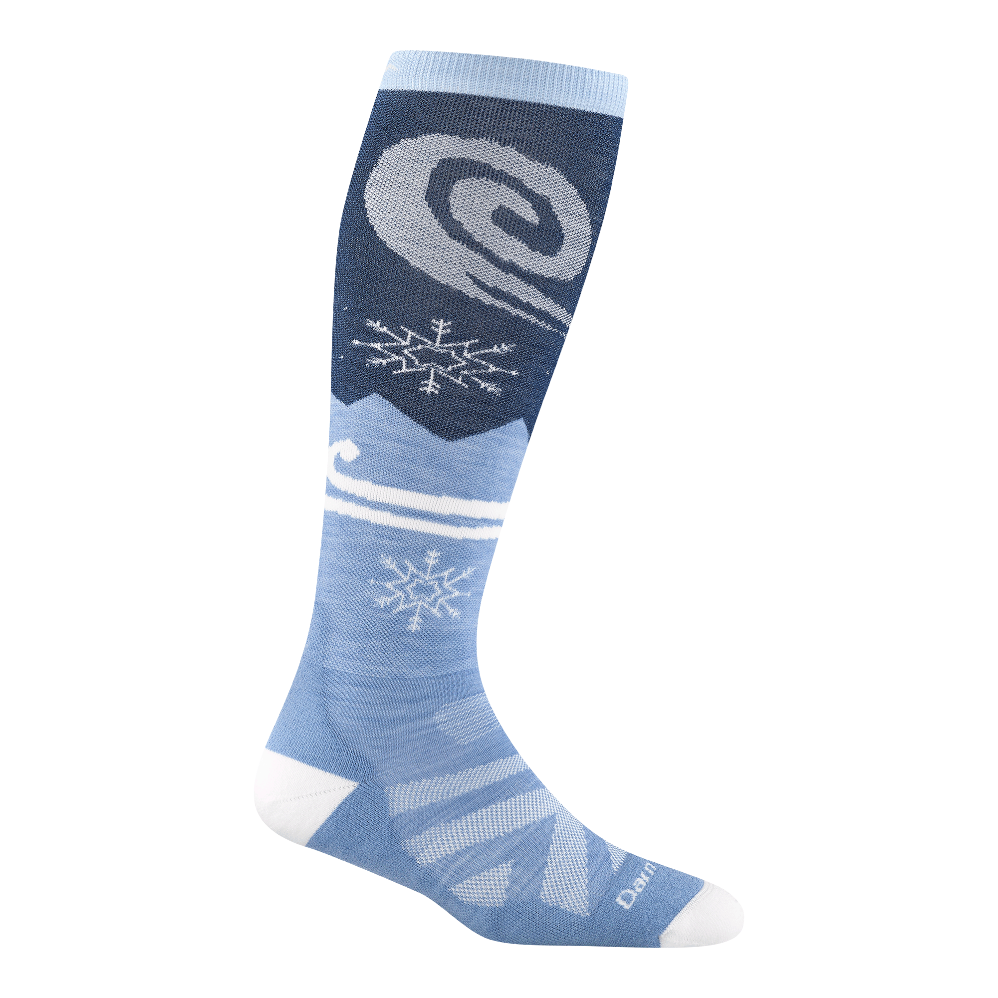 reverse 8054 swirlwind other calf in midnight featuring a white heel/toe light blue body with snow flake and swirl on the leg 