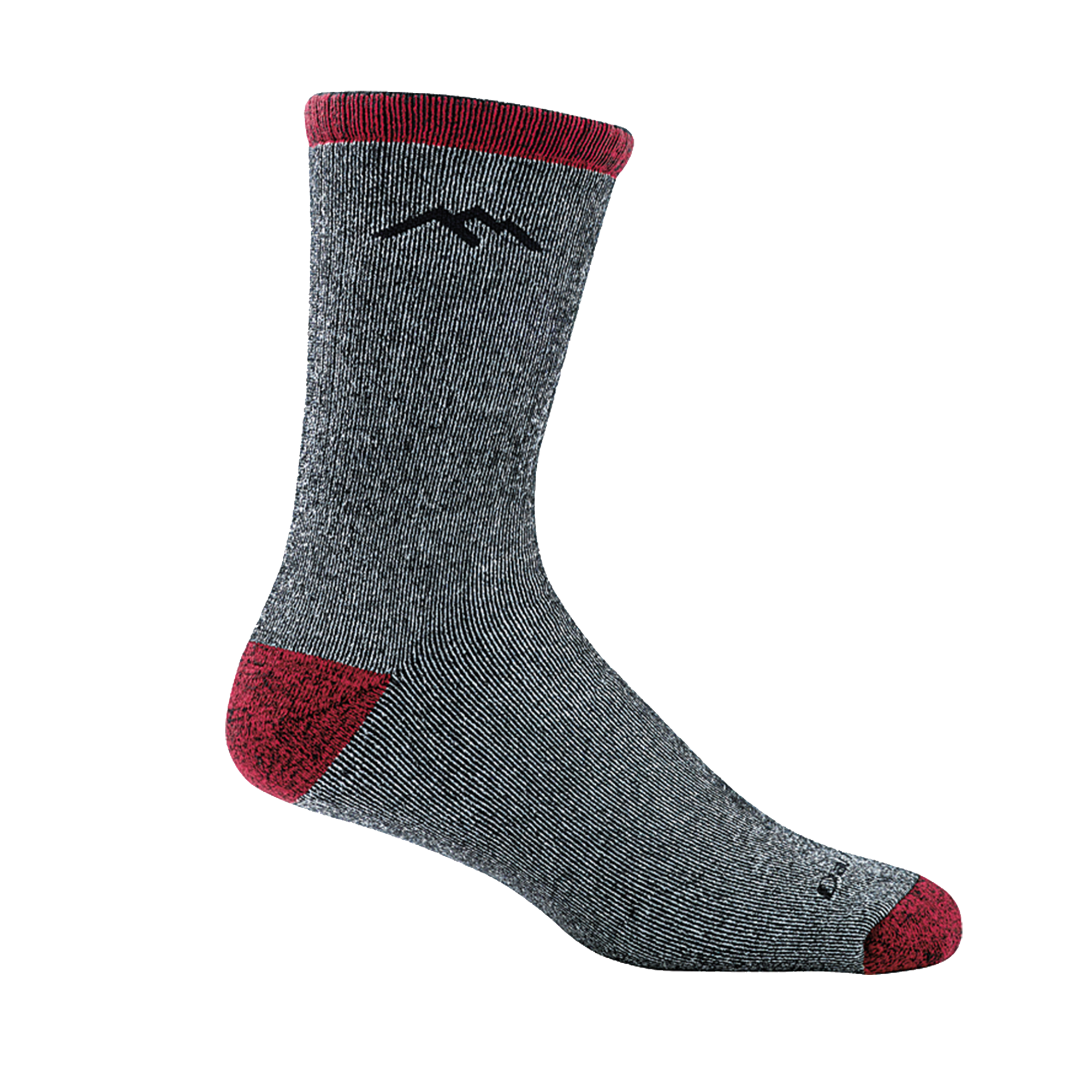 Closeup detail hot of the Men's Mountaineering Micro Crew Heavyweight Hiking Sock in Smoke with red accents