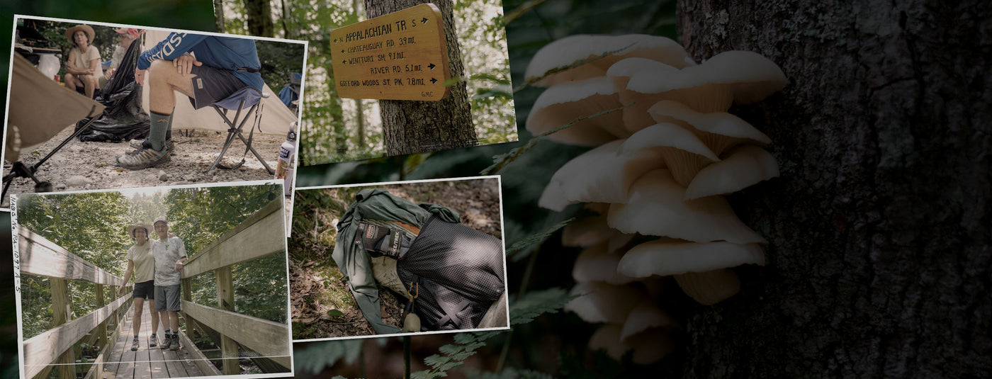 A collage of hiking photos, showing the Appalachian Trail, backpacks, and the Hiker Micro Crew