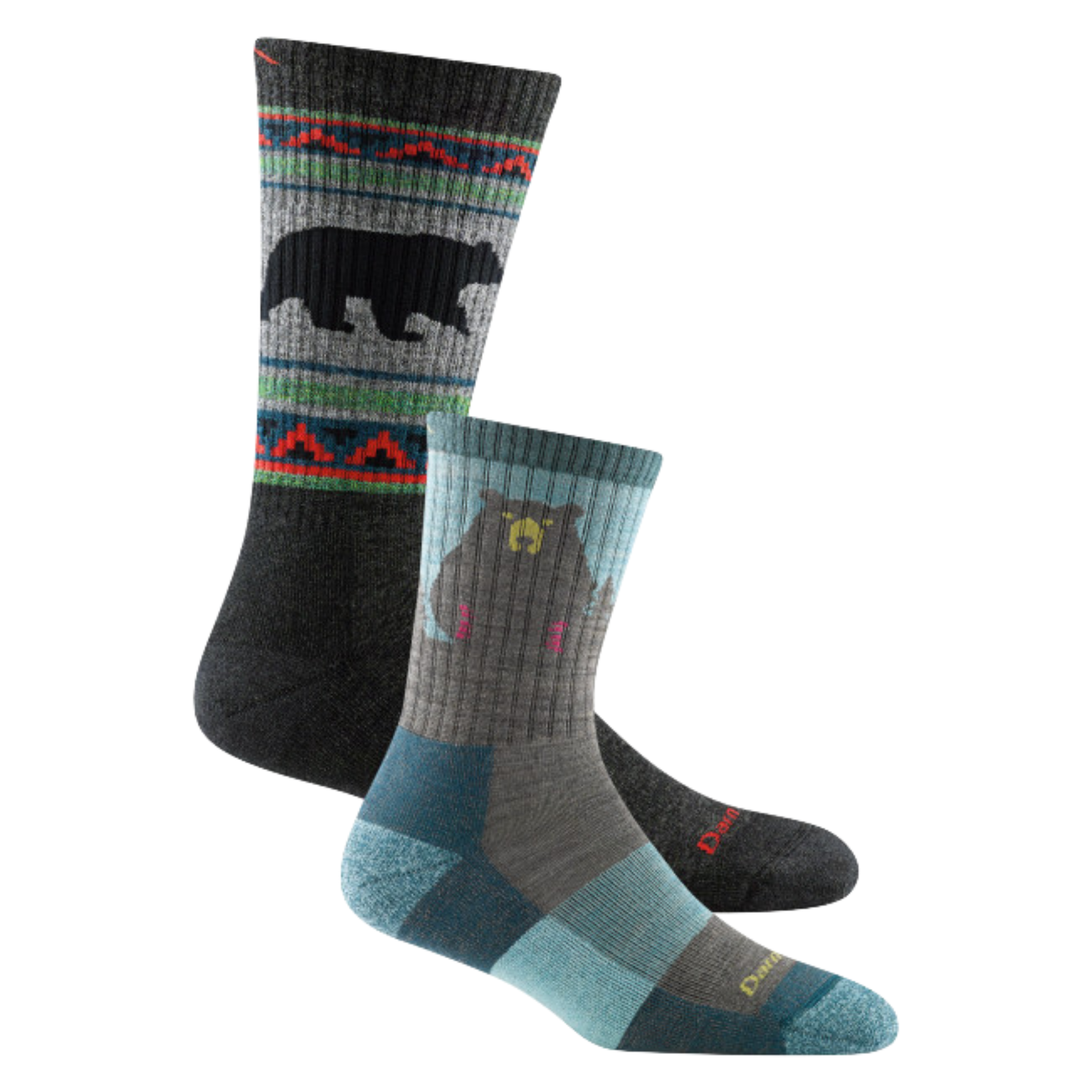 2 pack bundle shot including the men's vangrizzle boot sock in charcoal and the women's bear town micro crew sock in purple