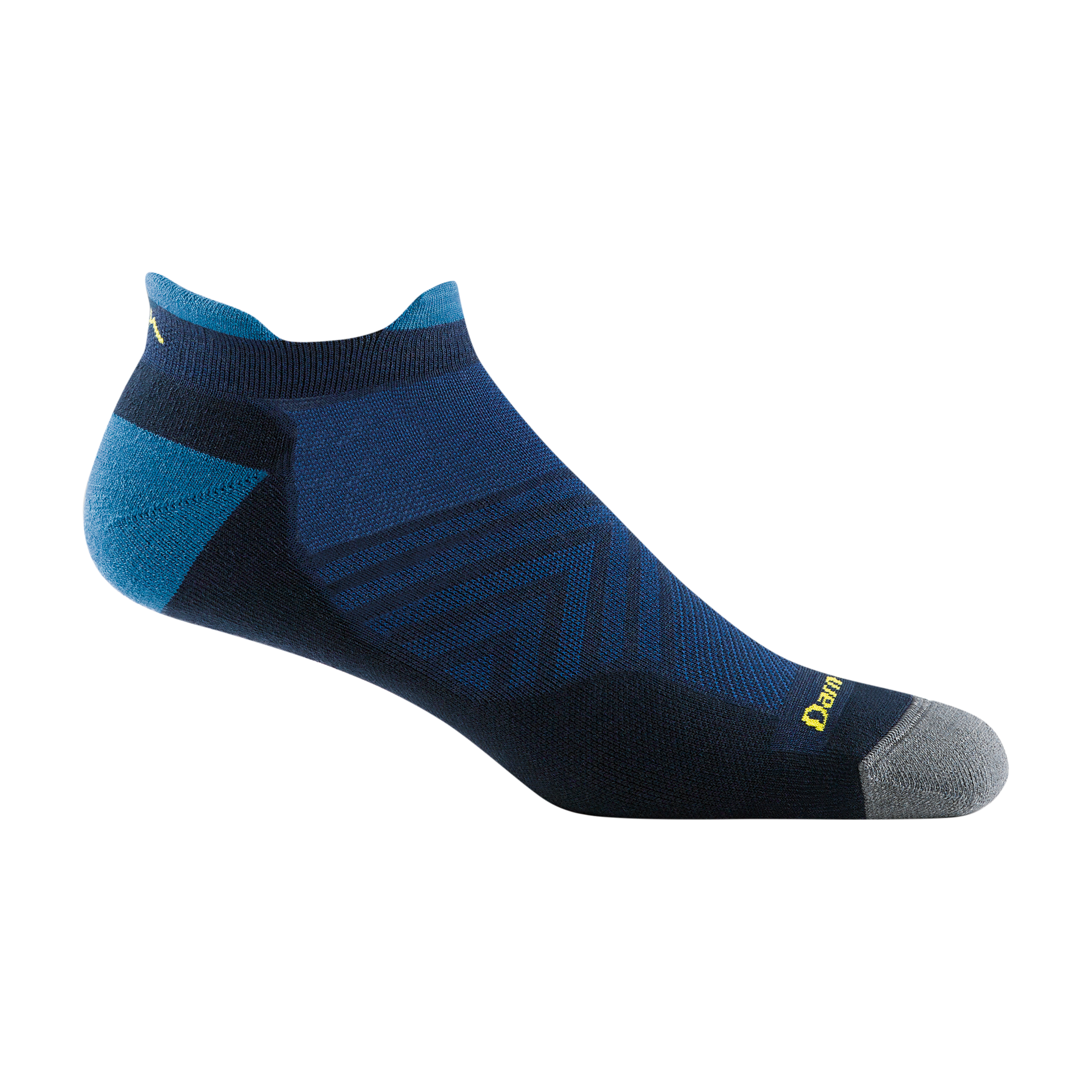 1039 men's no show tab running sock in navy blue with gray toe and medium blue heel and tab accents
