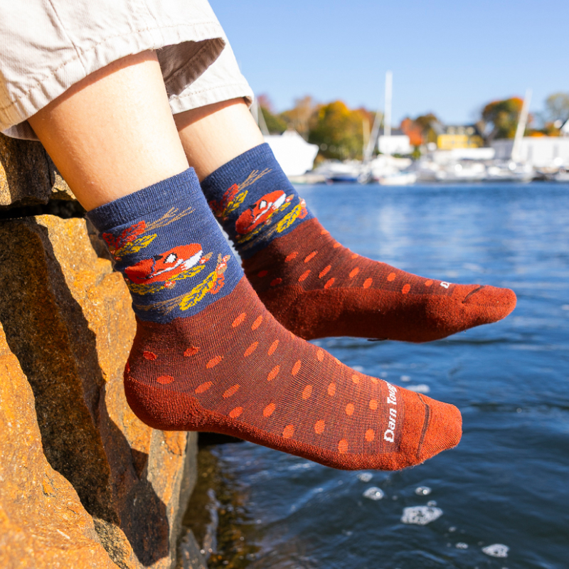 Feet hanging out over the water wearing new socks with polka dots and a sleeping fox